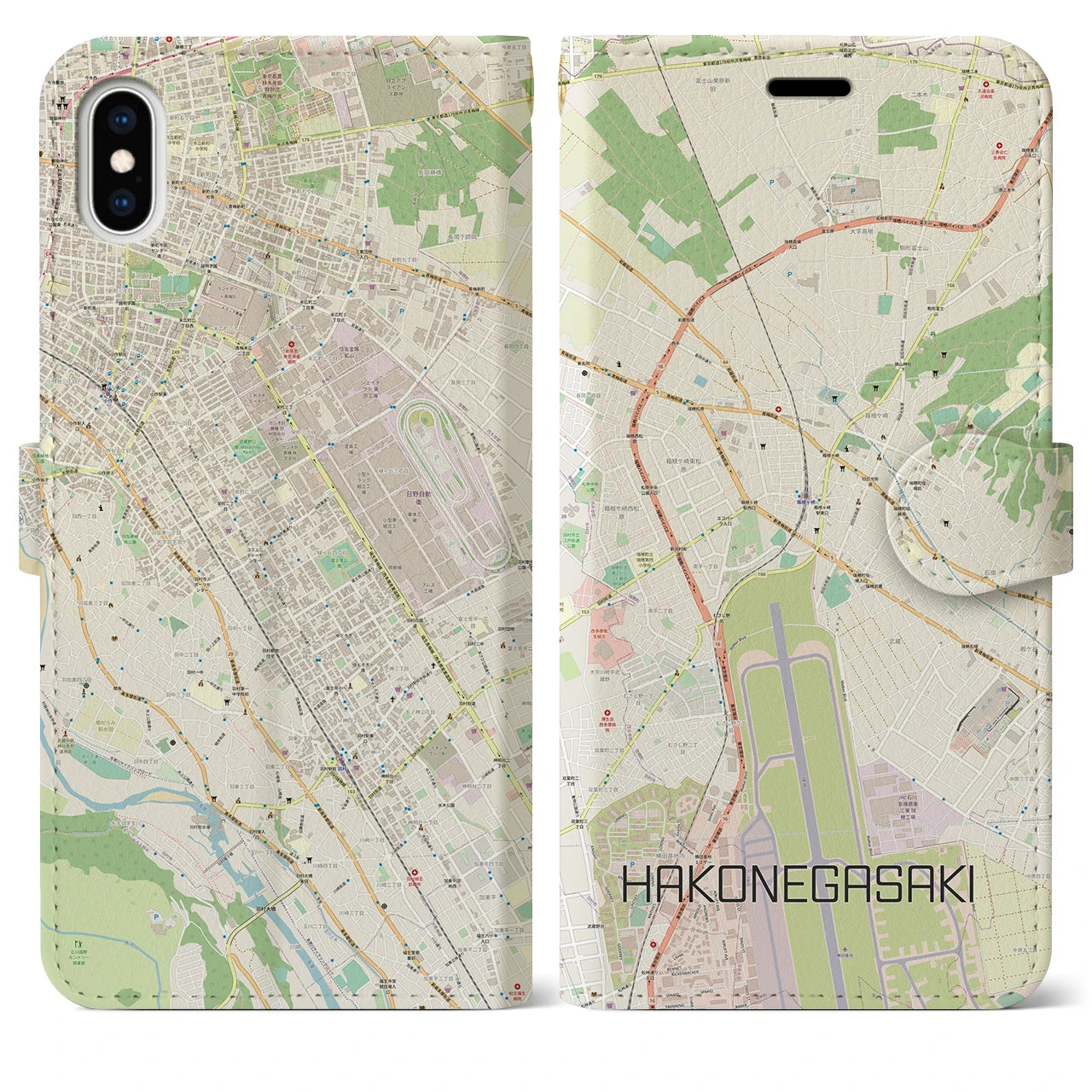 【箱根ケ崎(東京都)】地図柄iPhoneケース(手帳タイプ)ナチュラル・iPhone XS Max 用