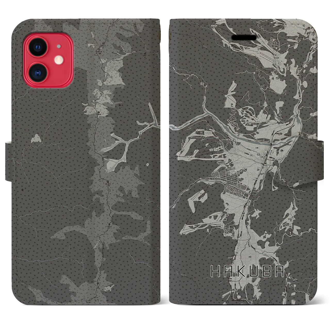 【白馬(長野県)】地図柄iPhoneケース(手帳タイプ)モノトーン・iPhone 11 用
