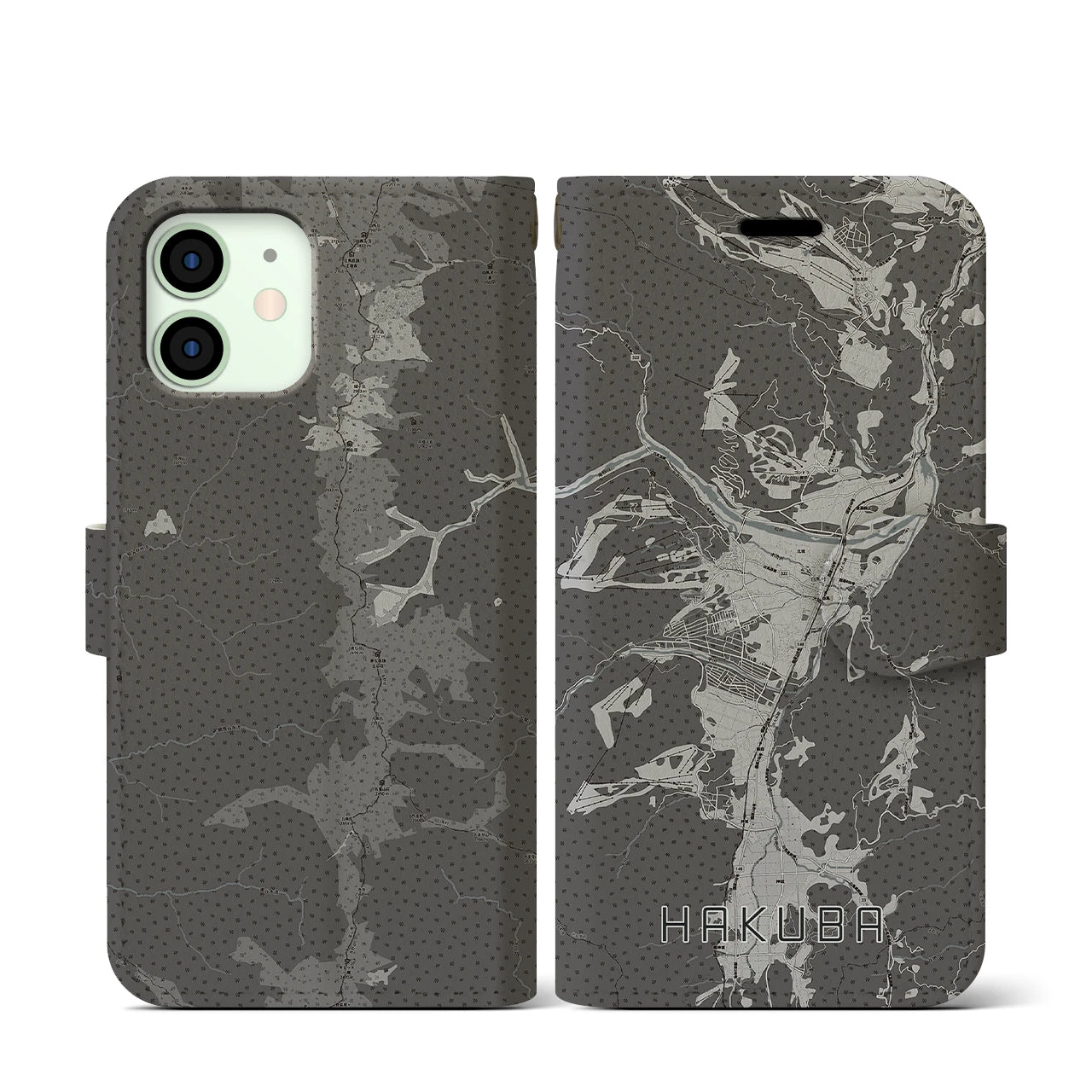 【白馬(長野県)】地図柄iPhoneケース(手帳タイプ)モノトーン・iPhone 12 mini 用