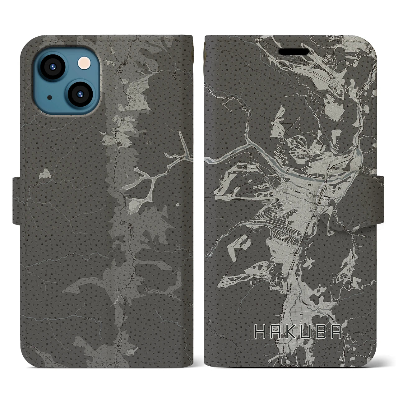 【白馬(長野県)】地図柄iPhoneケース(手帳タイプ)モノトーン・iPhone 13 用
