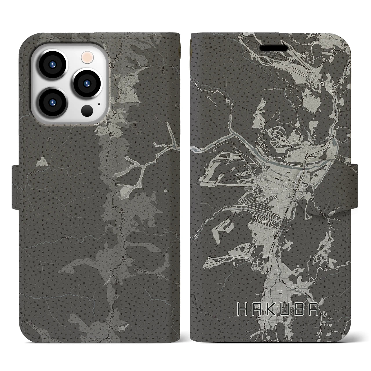 【白馬(長野県)】地図柄iPhoneケース(手帳タイプ)モノトーン・iPhone 13 Pro 用