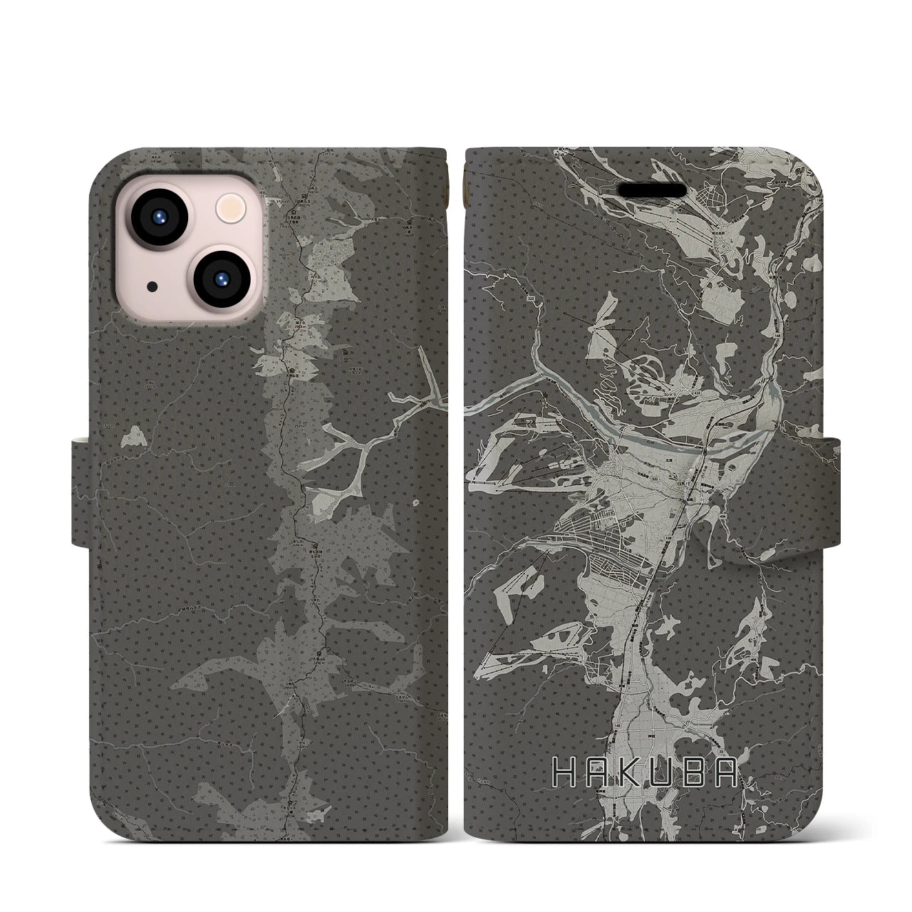【白馬(長野県)】地図柄iPhoneケース(手帳タイプ)モノトーン・iPhone 13 mini 用