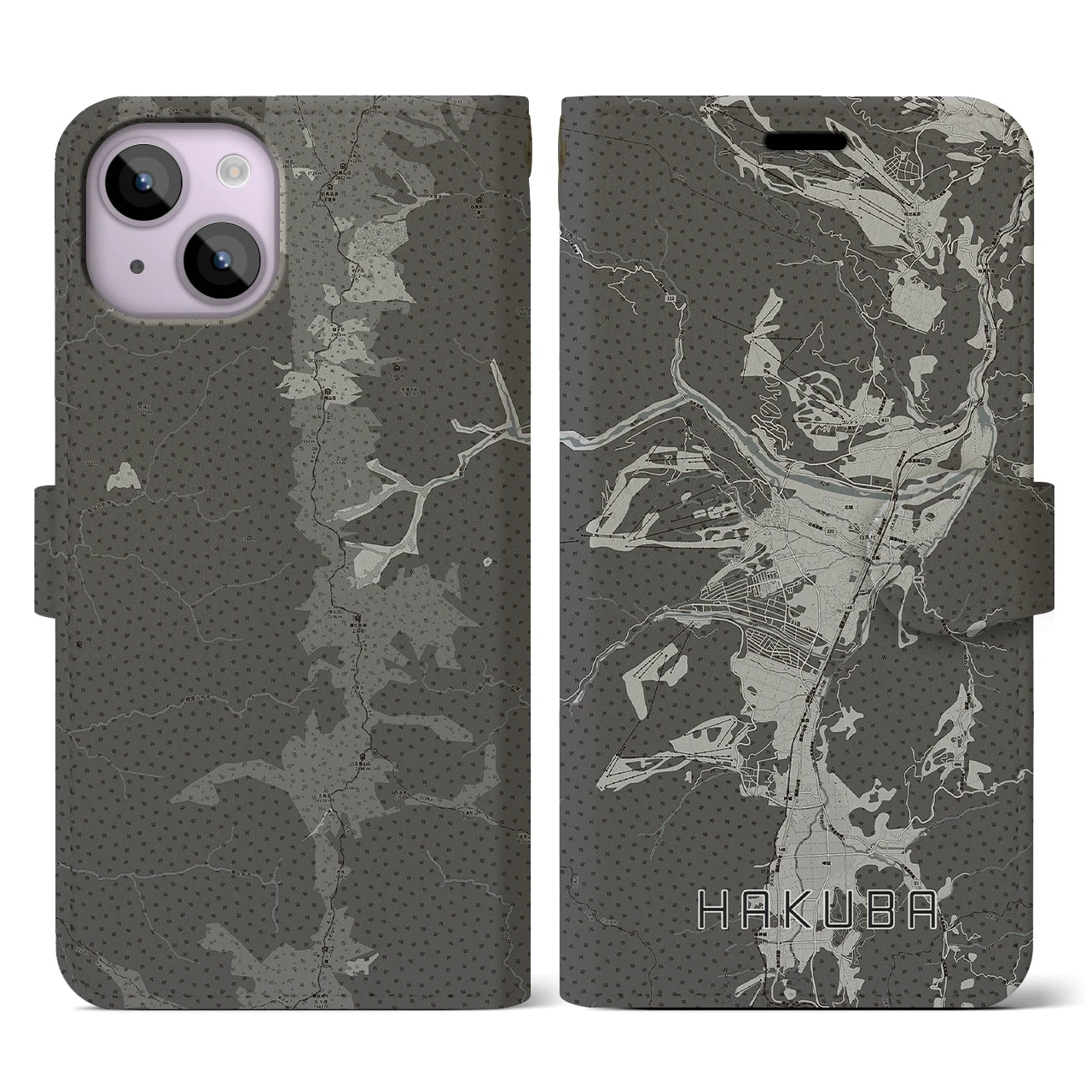 【白馬(長野県)】地図柄iPhoneケース(手帳タイプ)モノトーン・iPhone 14 用