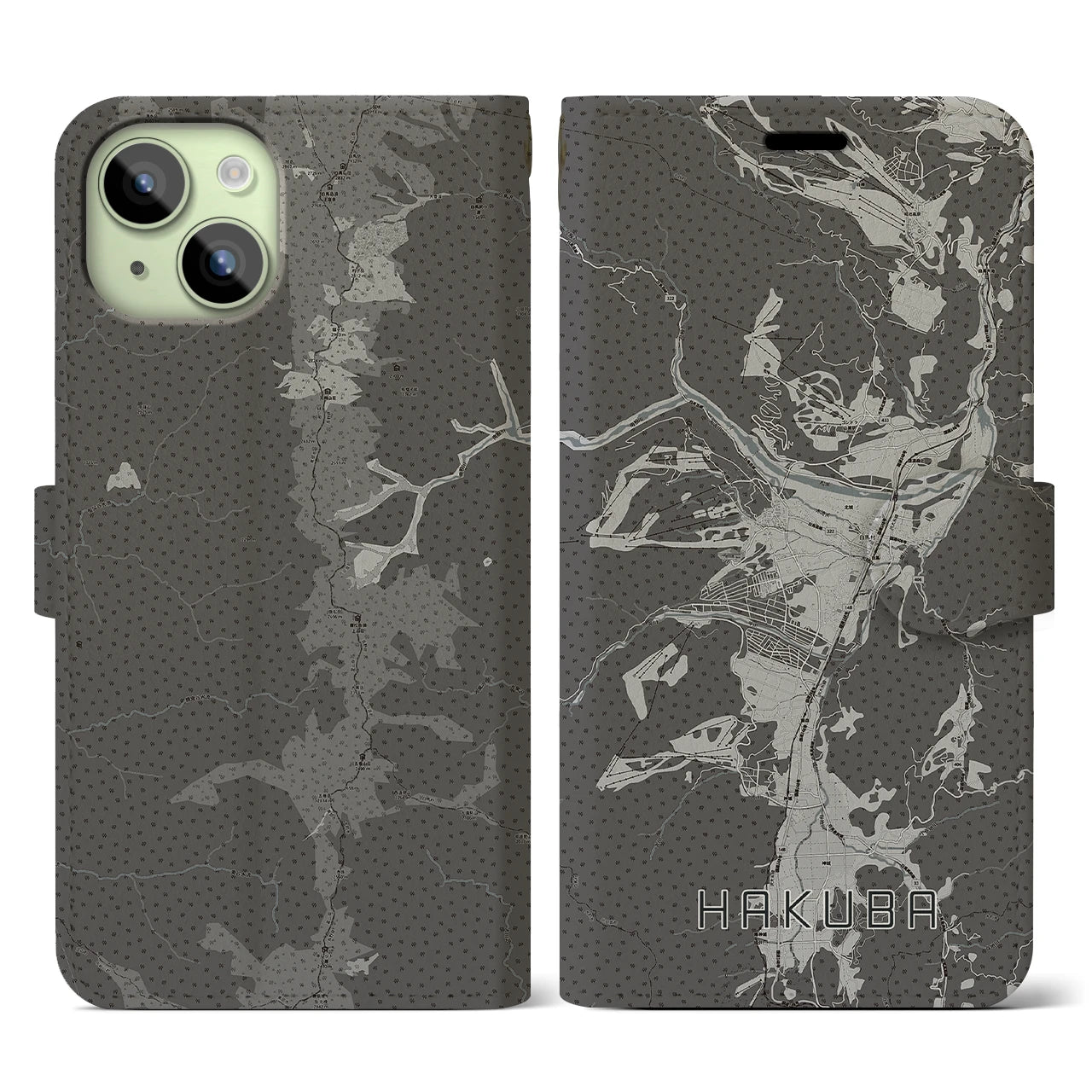 【白馬(長野県)】地図柄iPhoneケース(手帳タイプ)モノトーン・iPhone 15 用