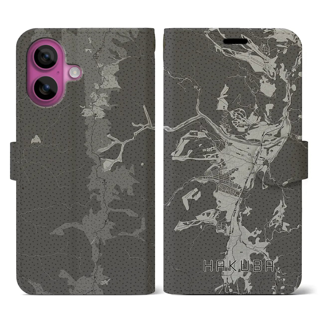 【白馬(長野県)】地図柄iPhoneケース(手帳タイプ)モノトーン・iPhone 16 Pro 用