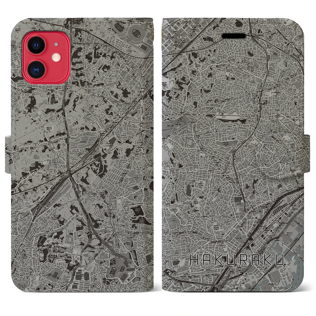 【白楽(神奈川県)】地図柄iPhoneケース(手帳タイプ)モノトーン・iPhone 11 用