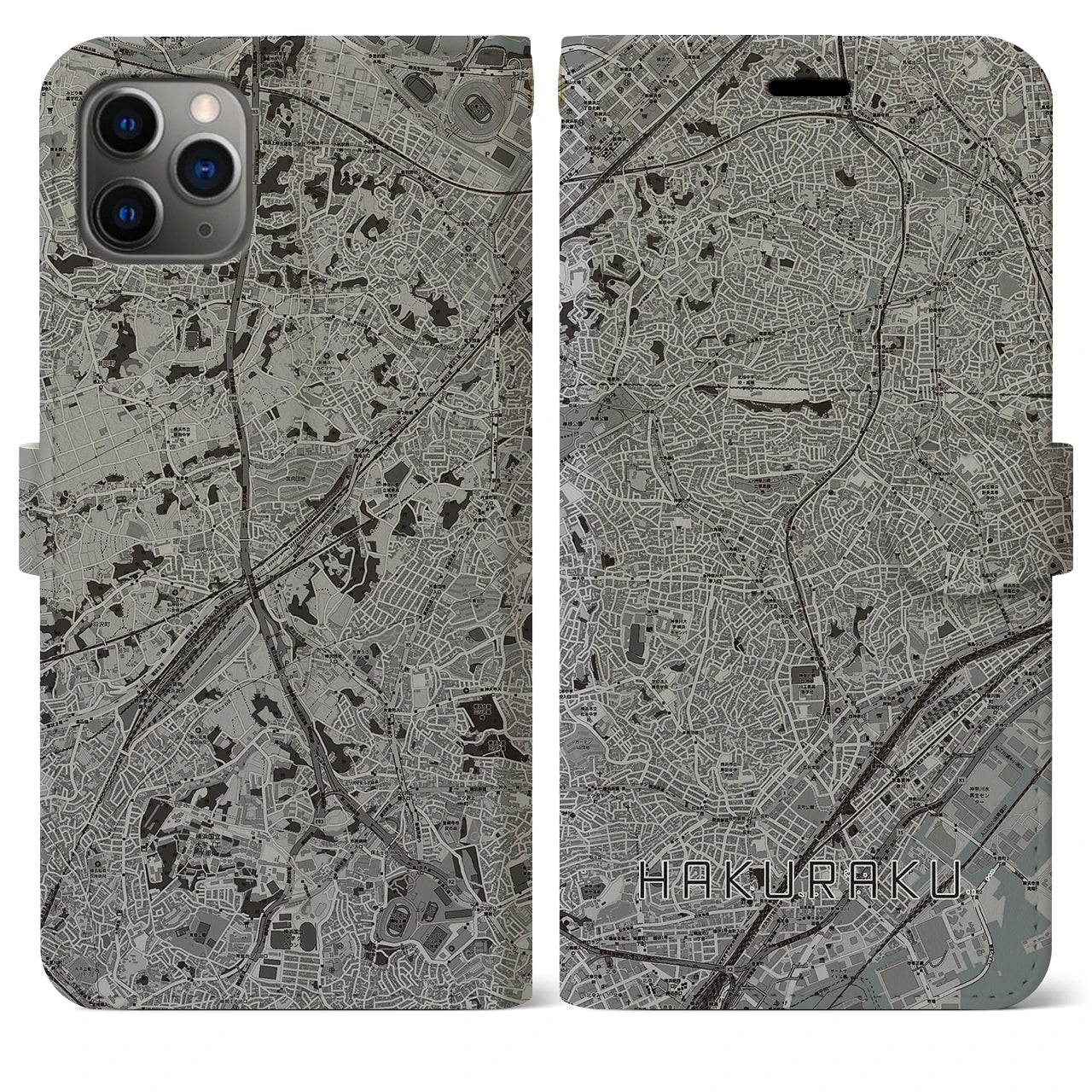 【白楽(神奈川県)】地図柄iPhoneケース(手帳タイプ)モノトーン・iPhone 11 Pro Max 用