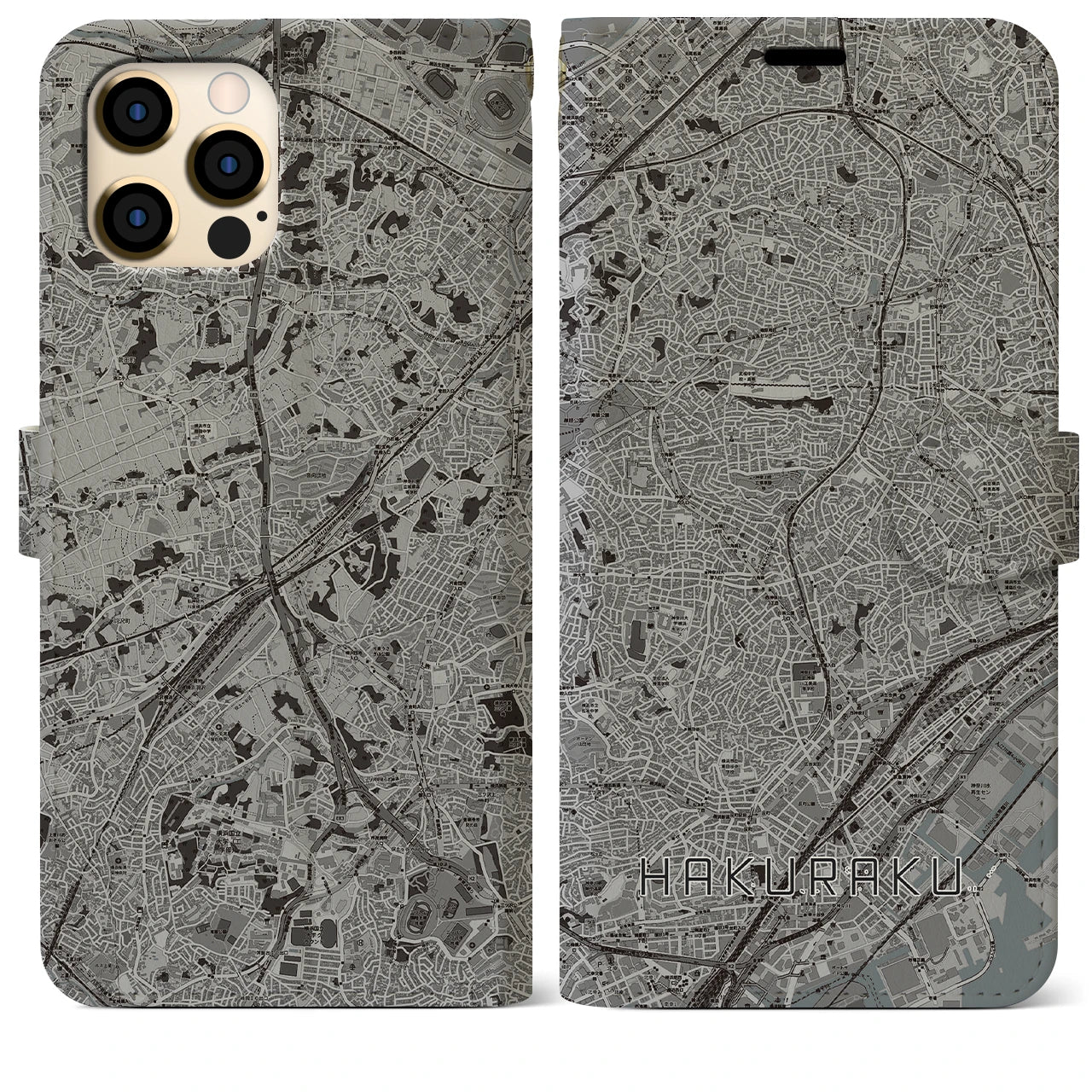 【白楽(神奈川県)】地図柄iPhoneケース(手帳タイプ)モノトーン・iPhone 12 Pro Max 用