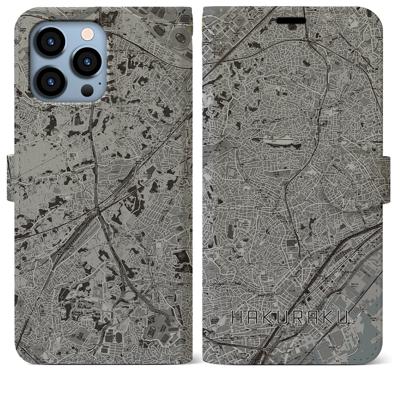 【白楽(神奈川県)】地図柄iPhoneケース(手帳タイプ)モノトーン・iPhone 13 Pro Max 用