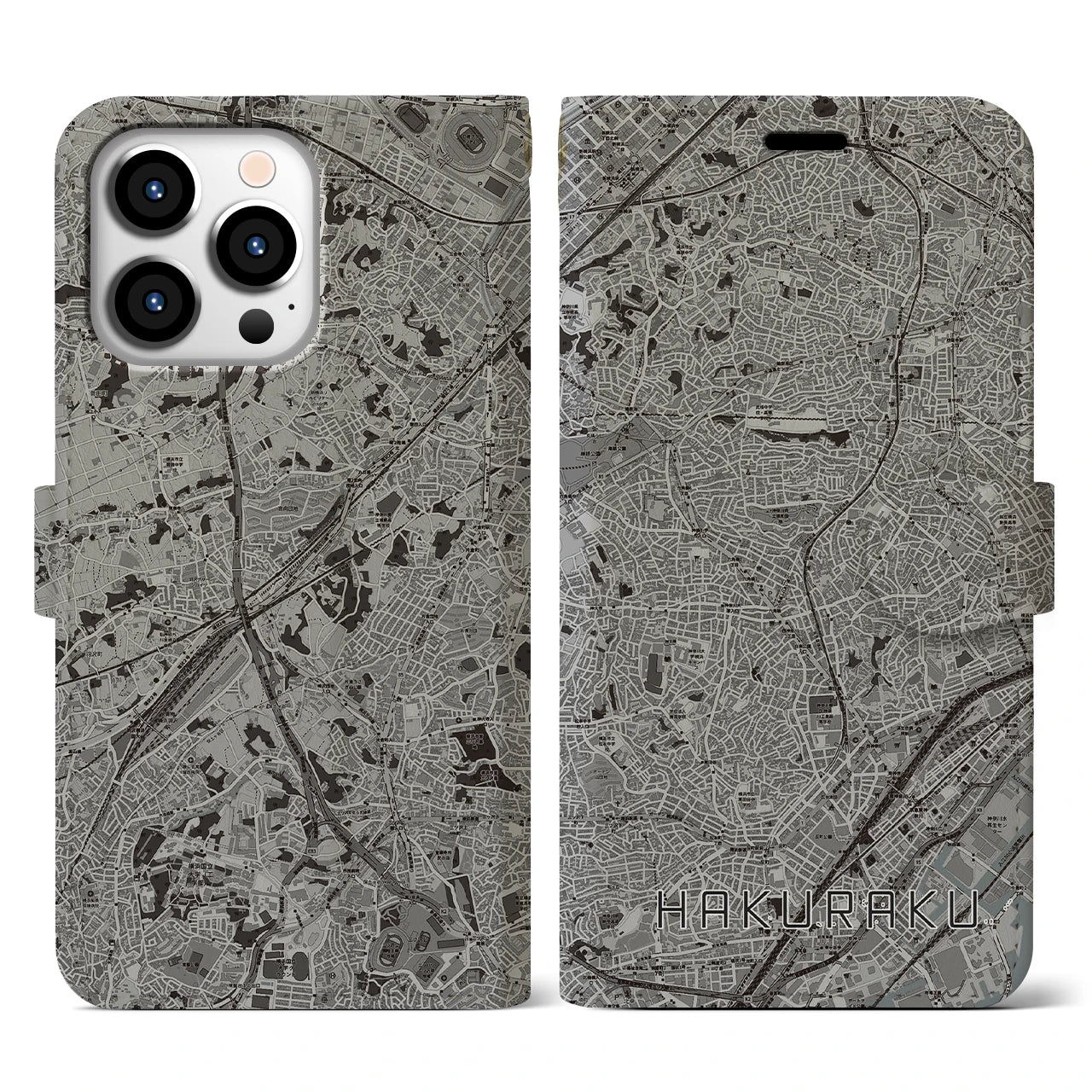 【白楽(神奈川県)】地図柄iPhoneケース(手帳タイプ)モノトーン・iPhone 13 Pro 用