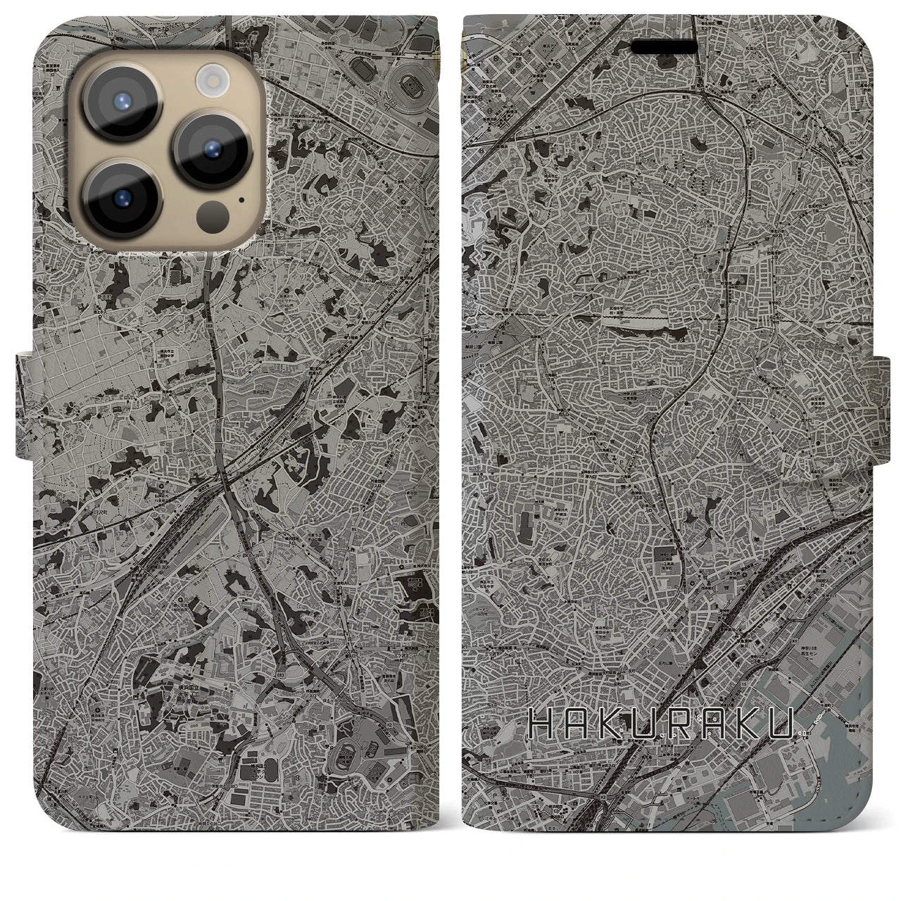 【白楽(神奈川県)】地図柄iPhoneケース(手帳タイプ)モノトーン・iPhone 14 Pro Max 用
