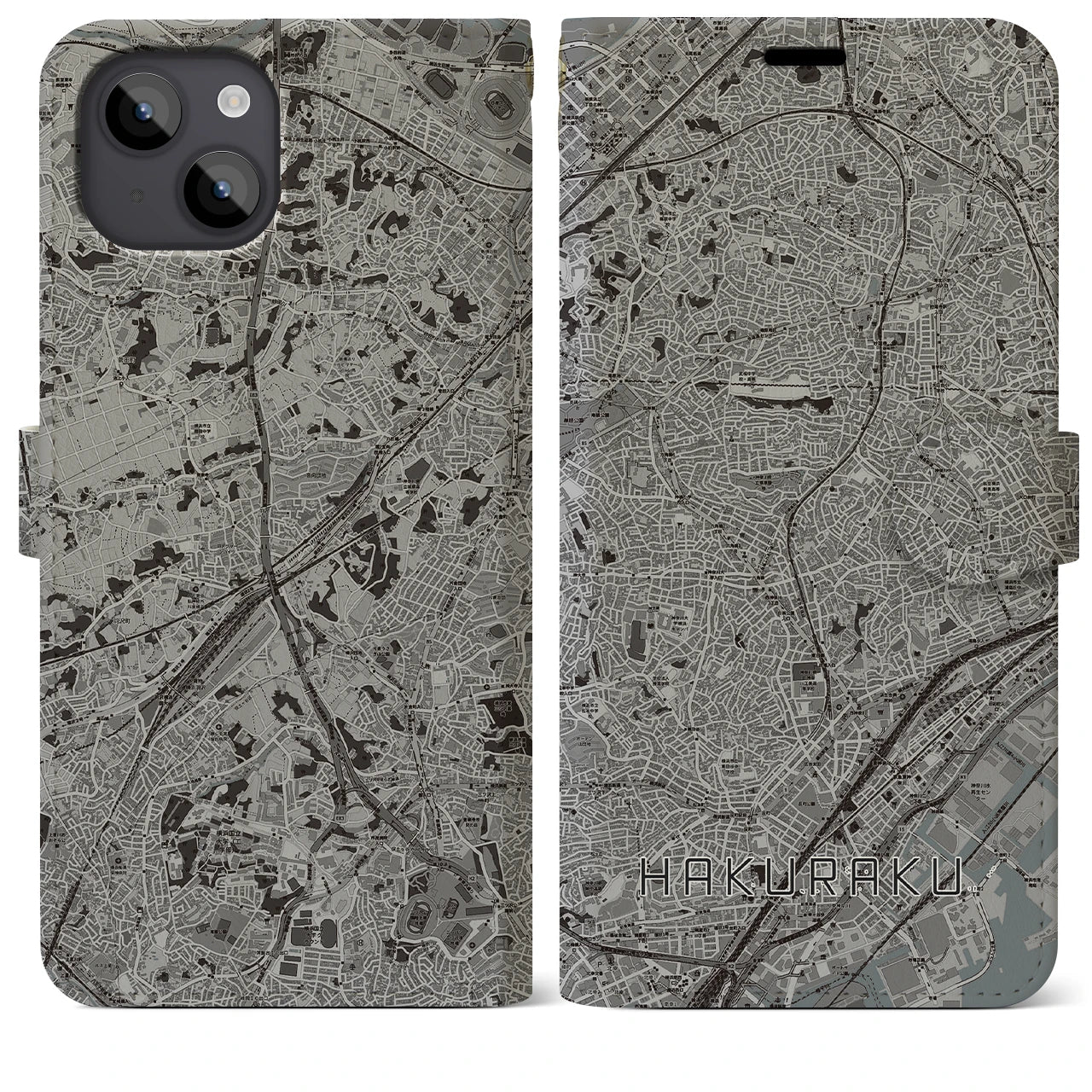 【白楽(神奈川県)】地図柄iPhoneケース(手帳タイプ)モノトーン・iPhone 14 Plus 用