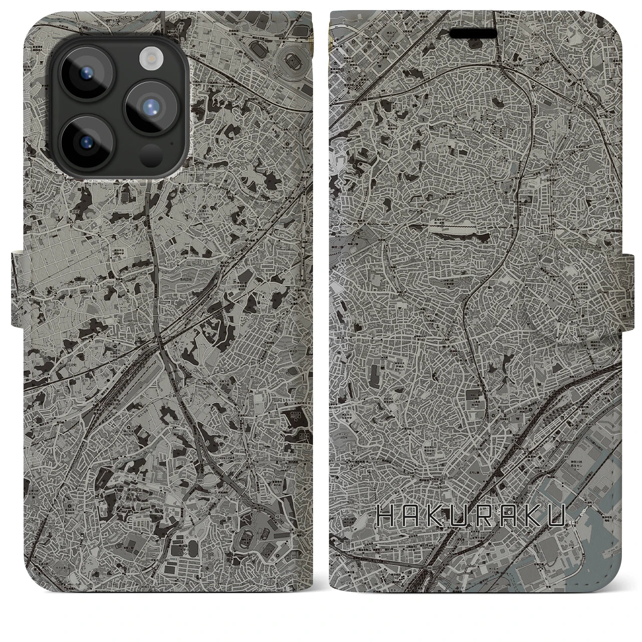 【白楽(神奈川県)】地図柄iPhoneケース(手帳タイプ)モノトーン・iPhone 15 Pro Max 用