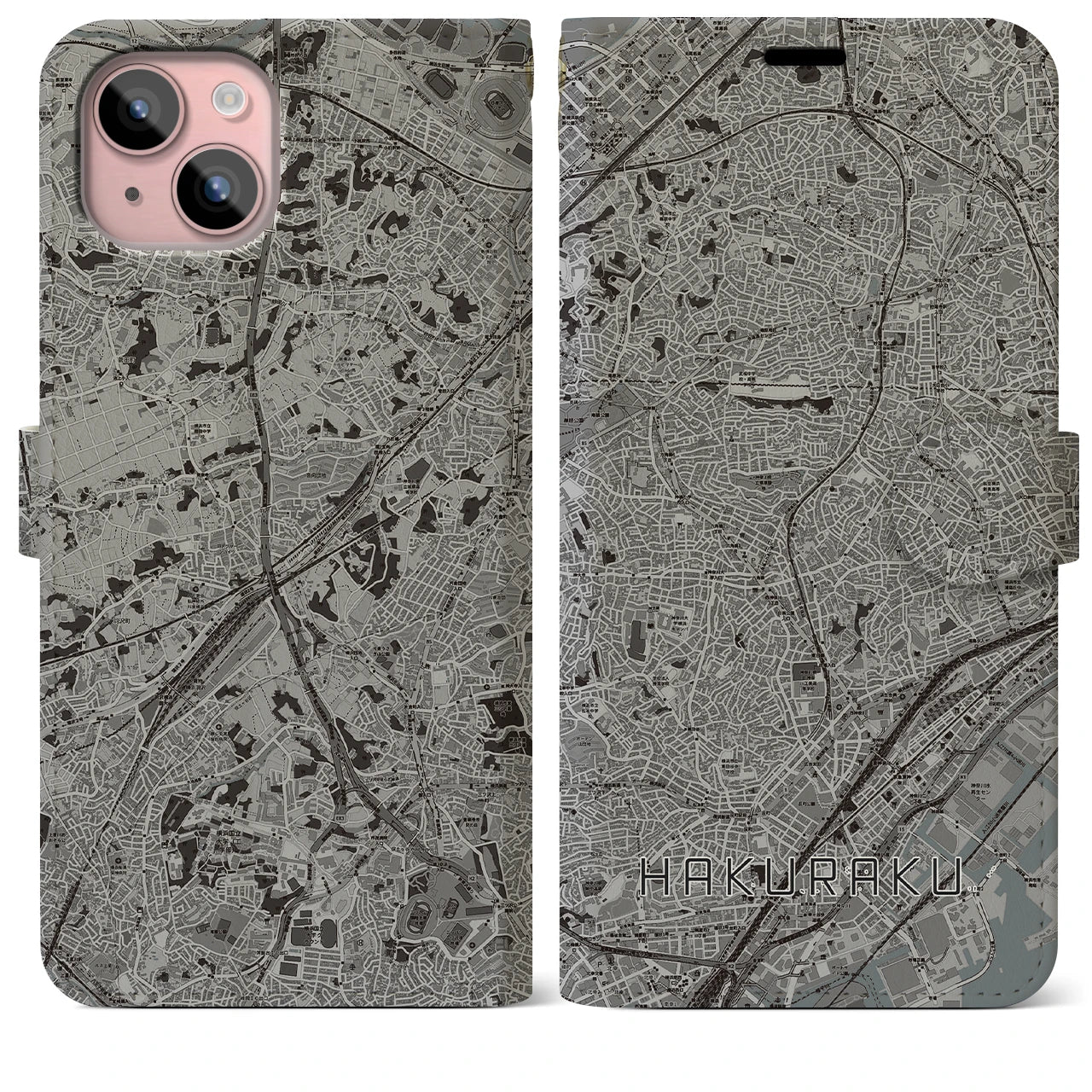 【白楽(神奈川県)】地図柄iPhoneケース(手帳タイプ)モノトーン・iPhone 15 Plus 用