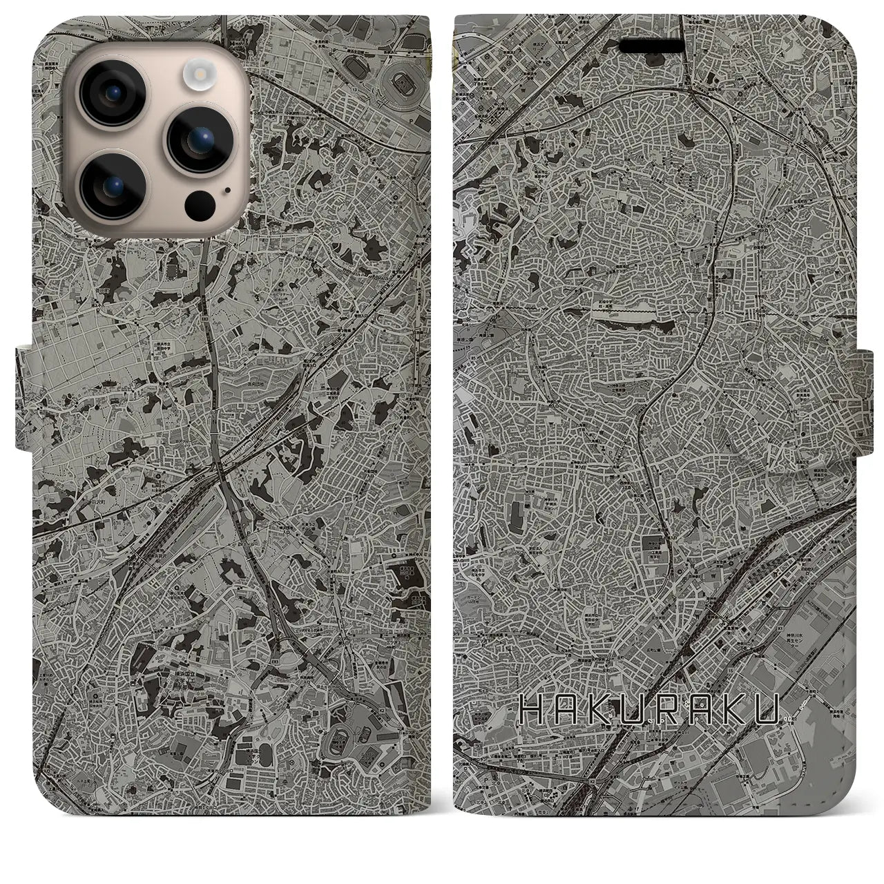 【白楽(神奈川県)】地図柄iPhoneケース(手帳タイプ)モノトーン・iPhone 16 Plus 用