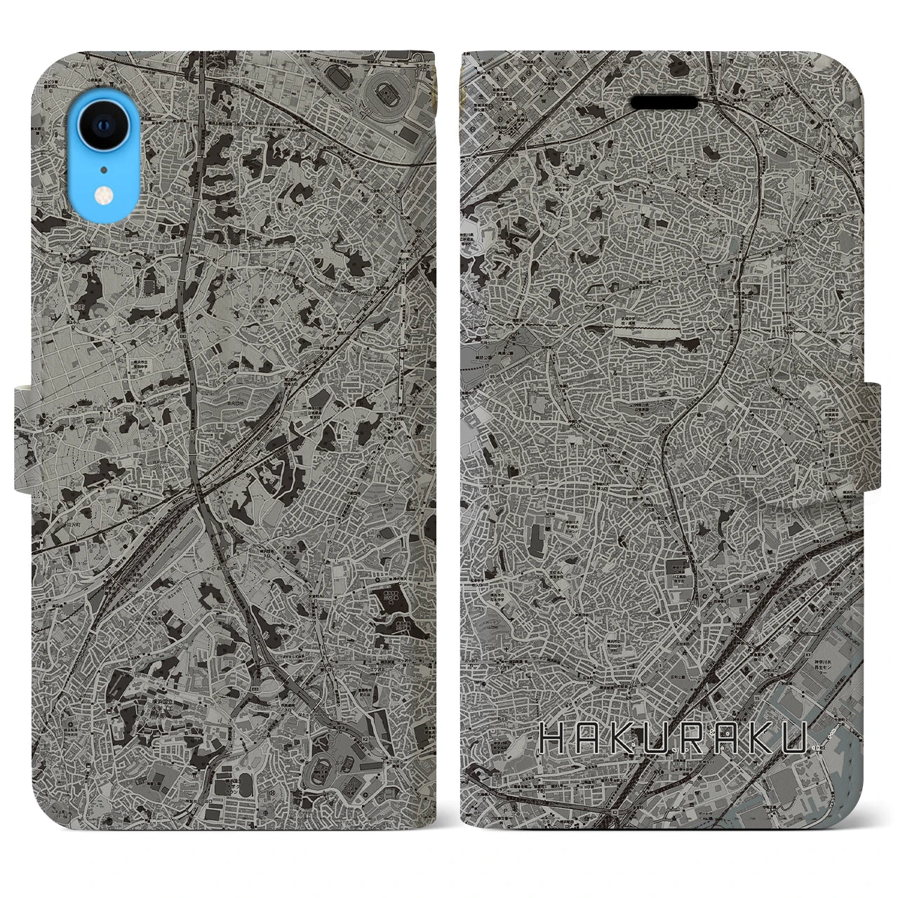 【白楽(神奈川県)】地図柄iPhoneケース(手帳タイプ)モノトーン・iPhone XR 用