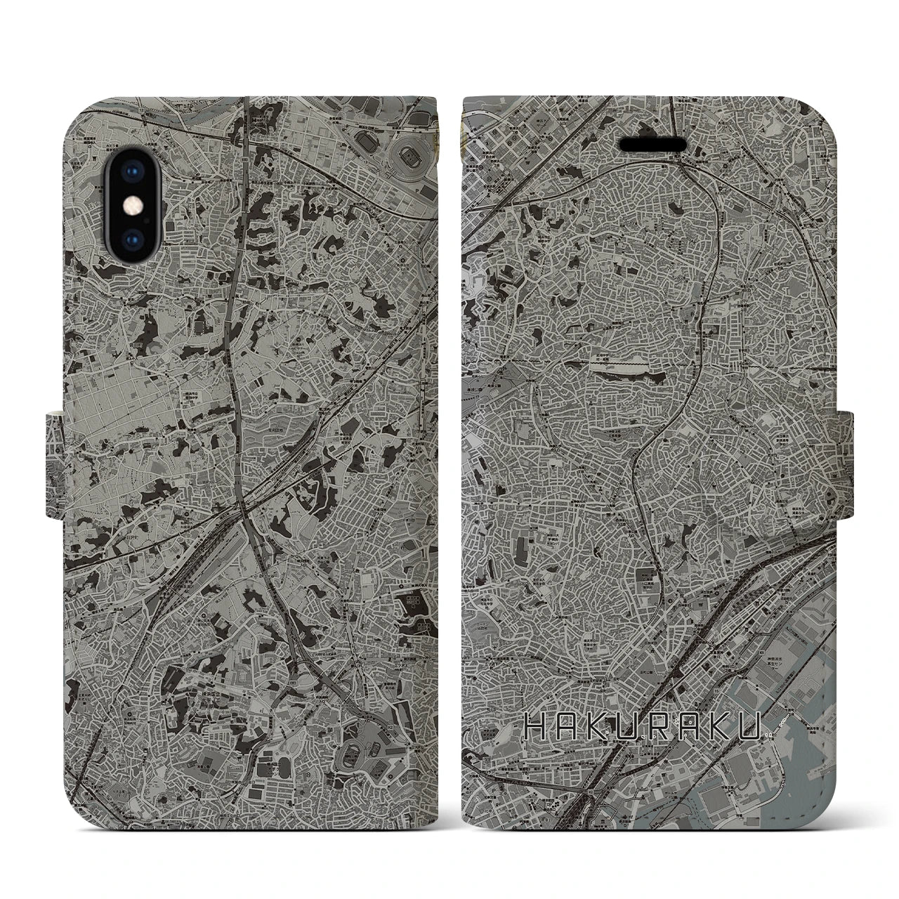 【白楽(神奈川県)】地図柄iPhoneケース(手帳タイプ)モノトーン・iPhone XS / X 用