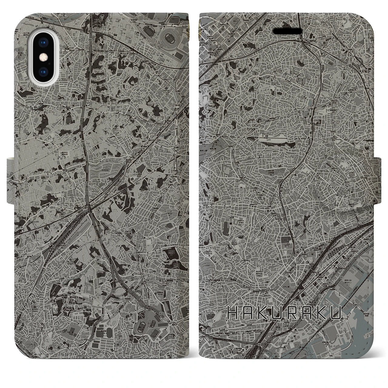 【白楽(神奈川県)】地図柄iPhoneケース(手帳タイプ)モノトーン・iPhone XS Max 用