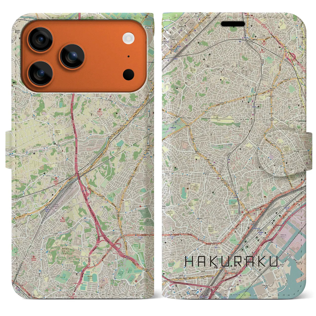 【白楽(神奈川県)】地図柄iPhoneケース(手帳タイプ)モノトーン・iPhone 17 Pro Max 用