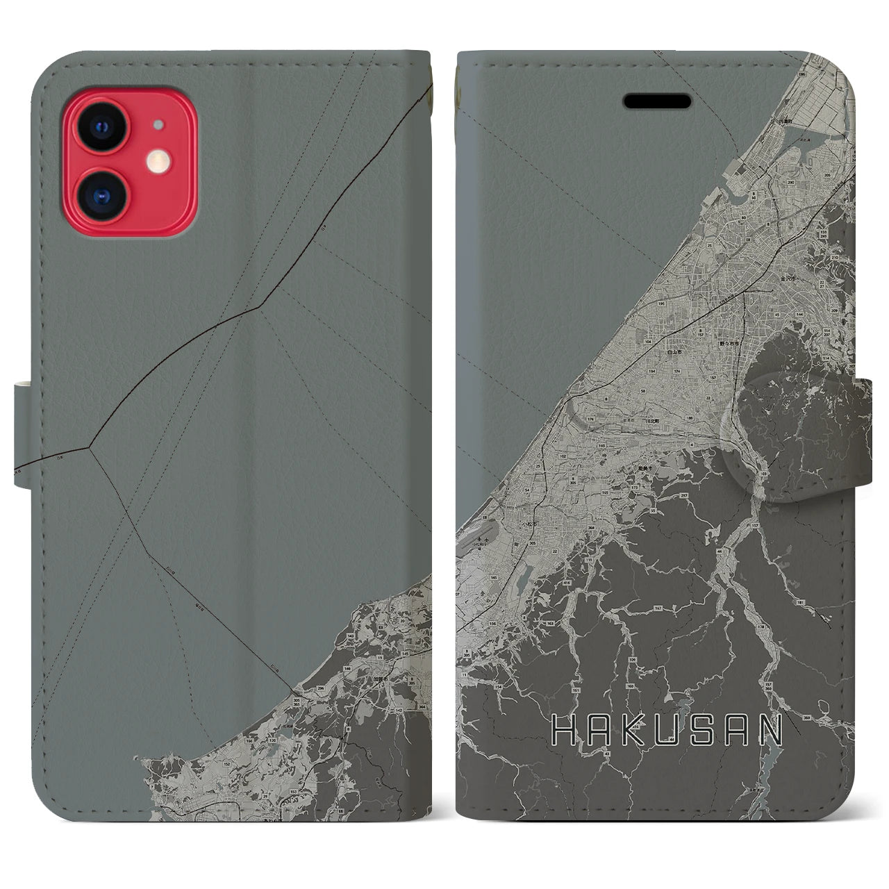 【白山(石川県)】地図柄iPhoneケース(手帳タイプ)モノトーン・iPhone 11 用
