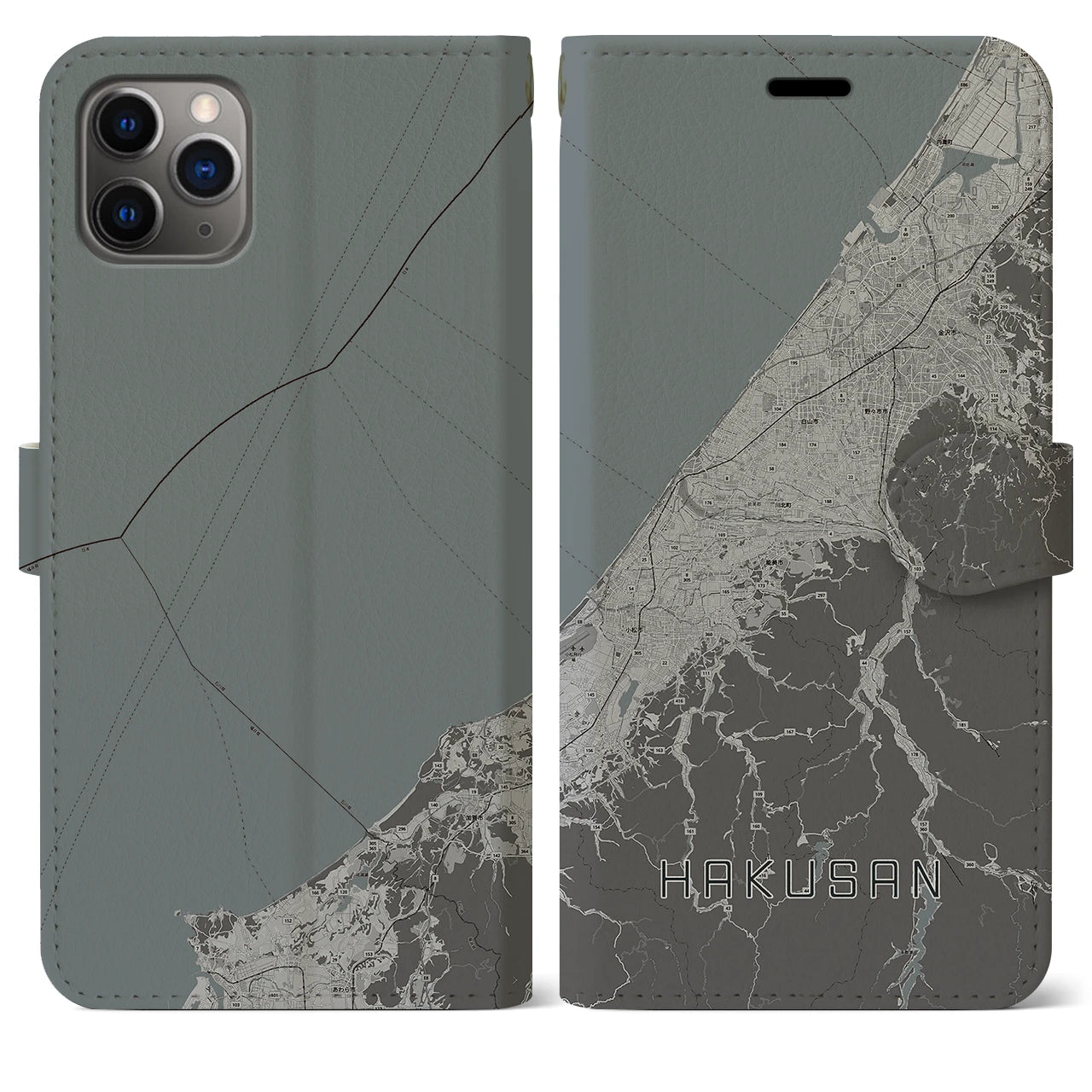 【白山(石川県)】地図柄iPhoneケース(手帳タイプ)モノトーン・iPhone 11 Pro Max 用