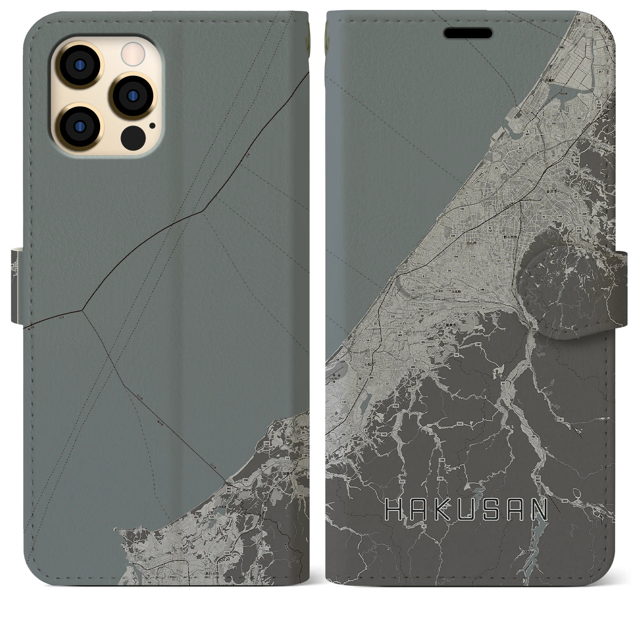 【白山(石川県)】地図柄iPhoneケース(手帳タイプ)モノトーン・iPhone 12 Pro Max 用