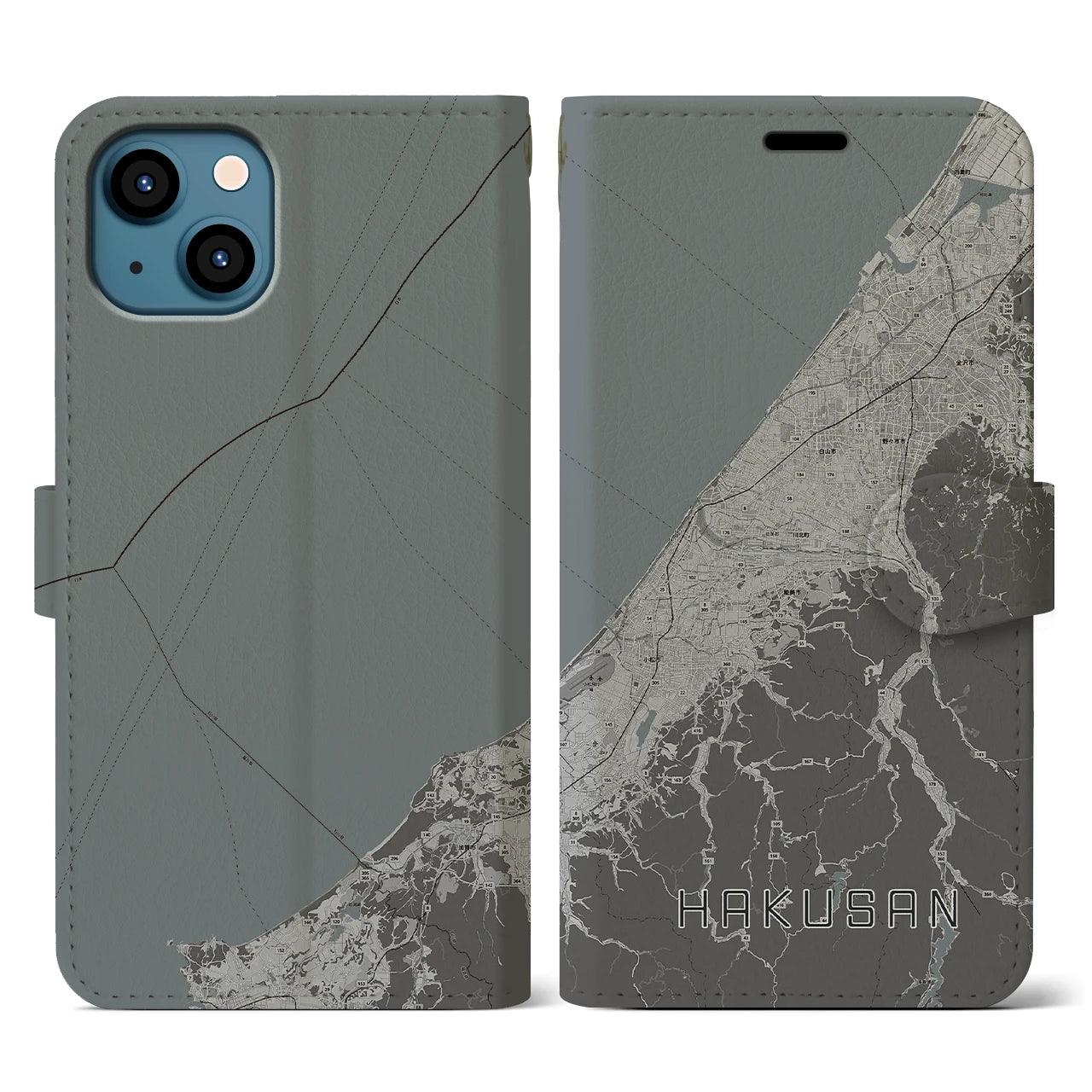 【白山(石川県)】地図柄iPhoneケース(手帳タイプ)モノトーン・iPhone 13 用