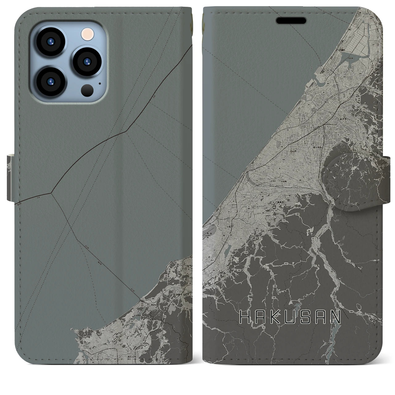 【白山(石川県)】地図柄iPhoneケース(手帳タイプ)モノトーン・iPhone 13 Pro Max 用