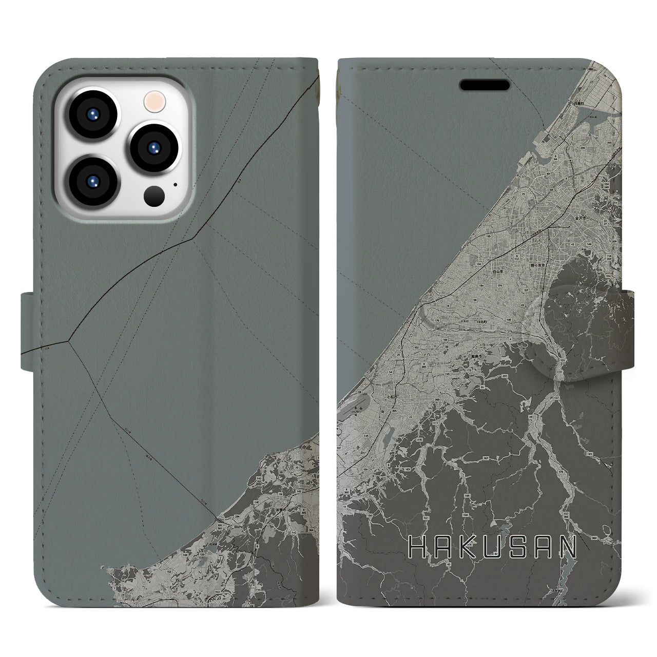 【白山(石川県)】地図柄iPhoneケース(手帳タイプ)モノトーン・iPhone 13 Pro 用