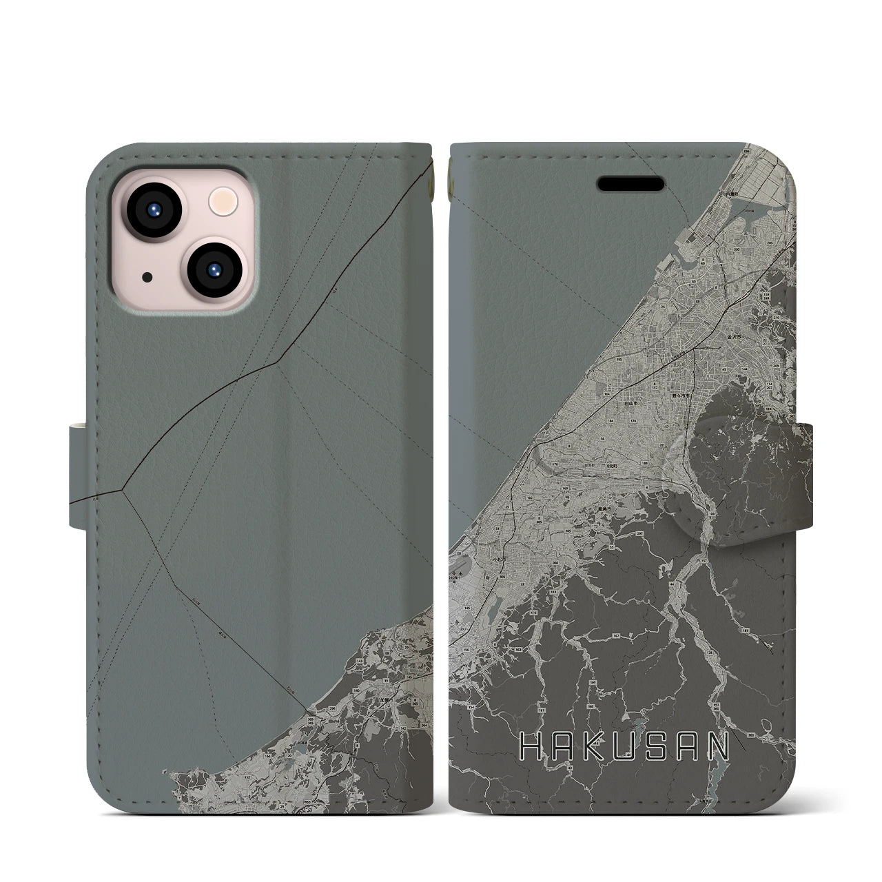【白山(石川県)】地図柄iPhoneケース(手帳タイプ)モノトーン・iPhone 13 mini 用