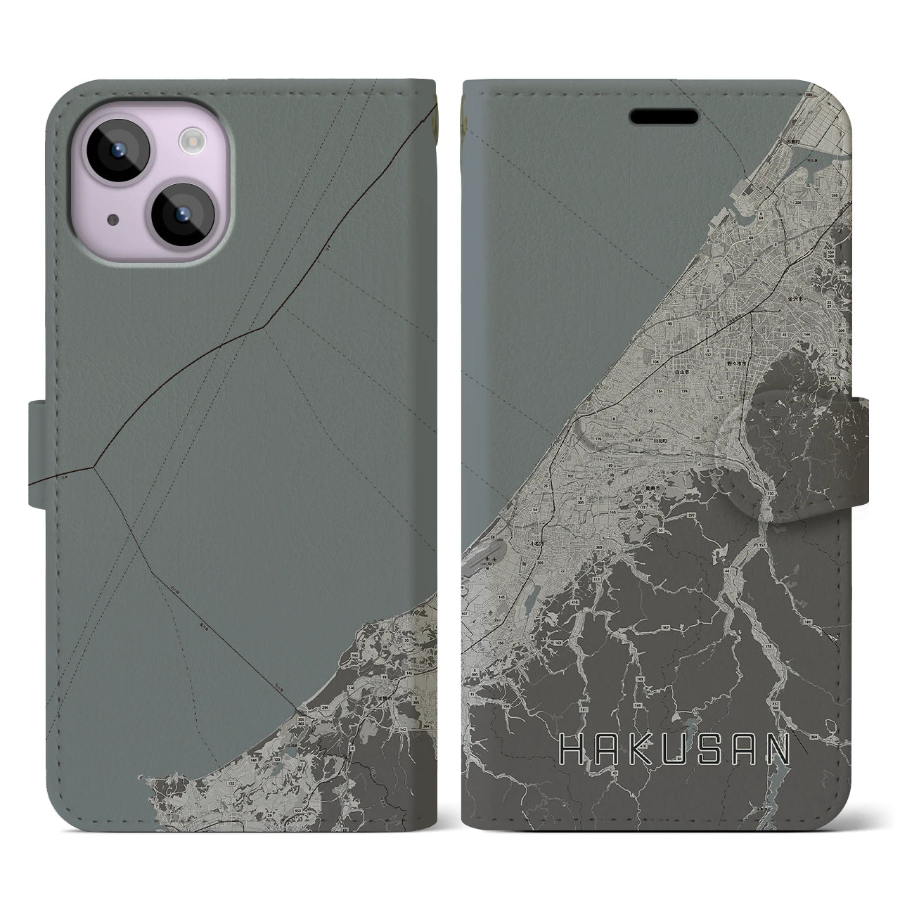 【白山(石川県)】地図柄iPhoneケース(手帳タイプ)モノトーン・iPhone 14 用