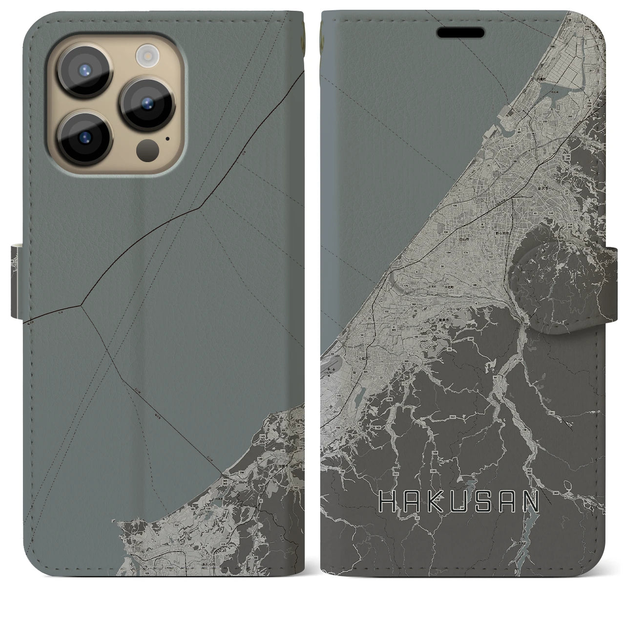 【白山(石川県)】地図柄iPhoneケース(手帳タイプ)モノトーン・iPhone 14 Pro Max 用