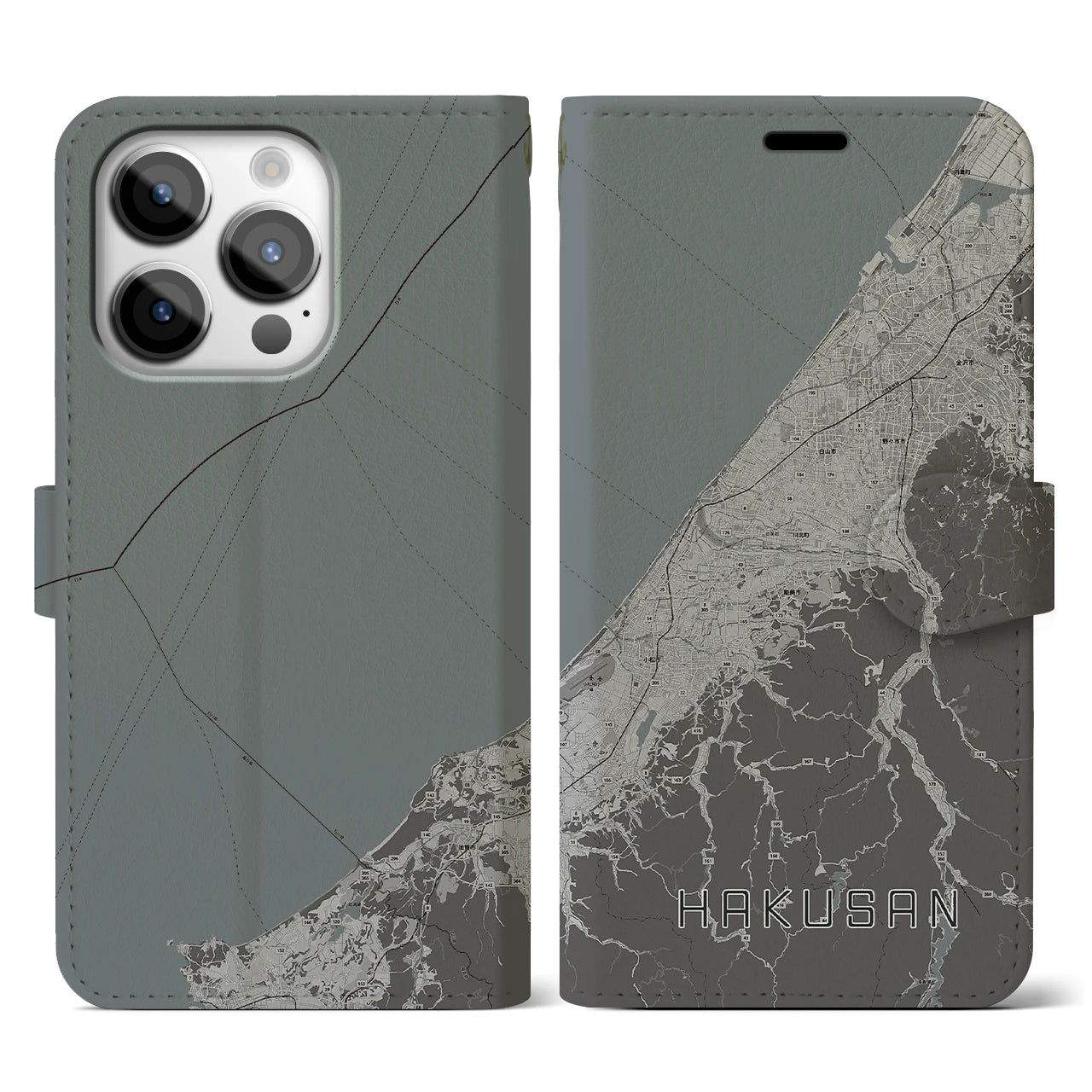 【白山(石川県)】地図柄iPhoneケース(手帳タイプ)モノトーン・iPhone 14 Pro 用