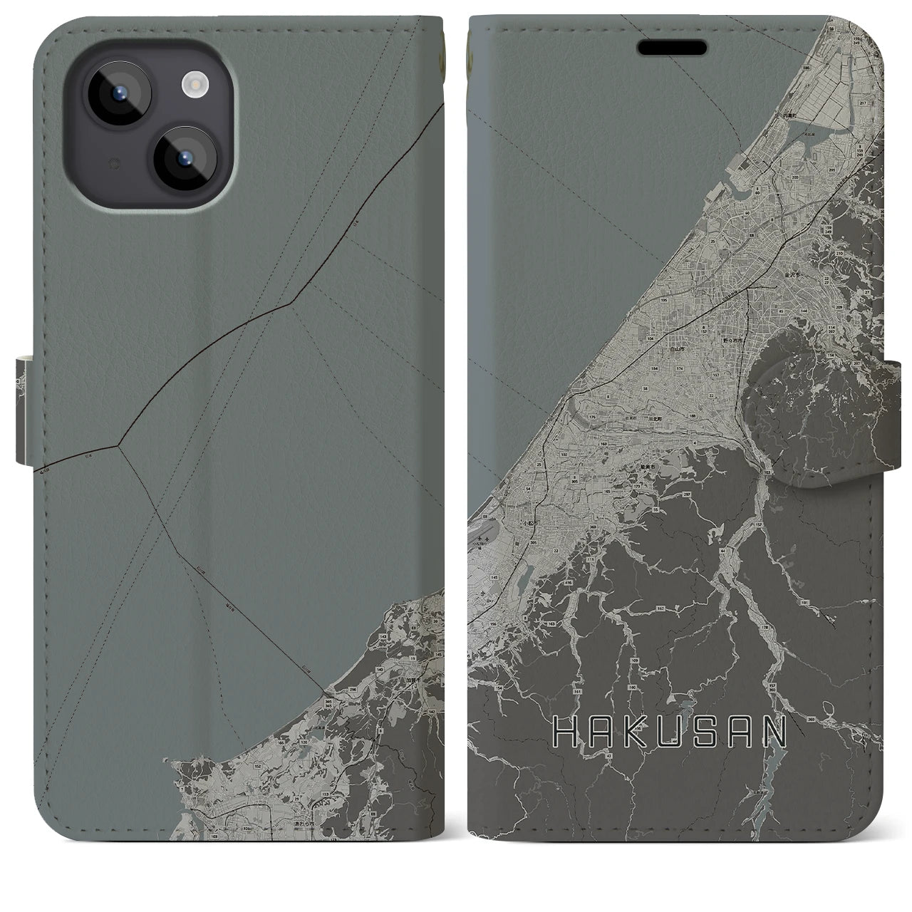 【白山(石川県)】地図柄iPhoneケース(手帳タイプ)モノトーン・iPhone 14 Plus 用
