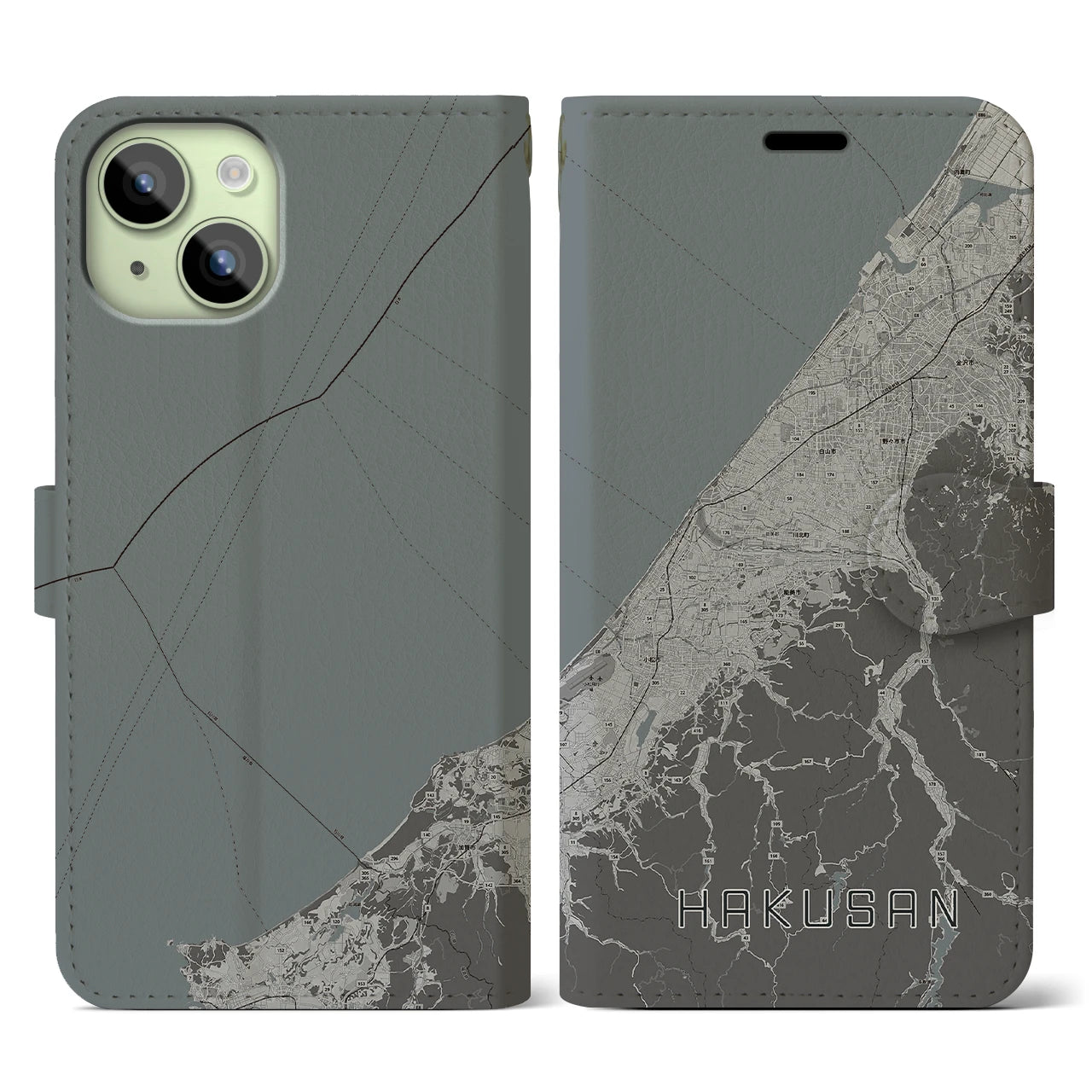 【白山(石川県)】地図柄iPhoneケース(手帳タイプ)モノトーン・iPhone 15 用