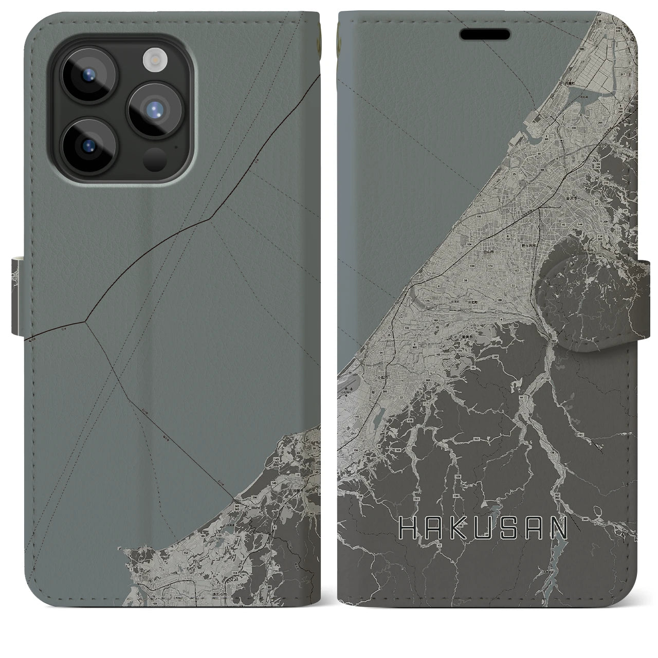 【白山(石川県)】地図柄iPhoneケース(手帳タイプ)モノトーン・iPhone 15 Pro Max 用