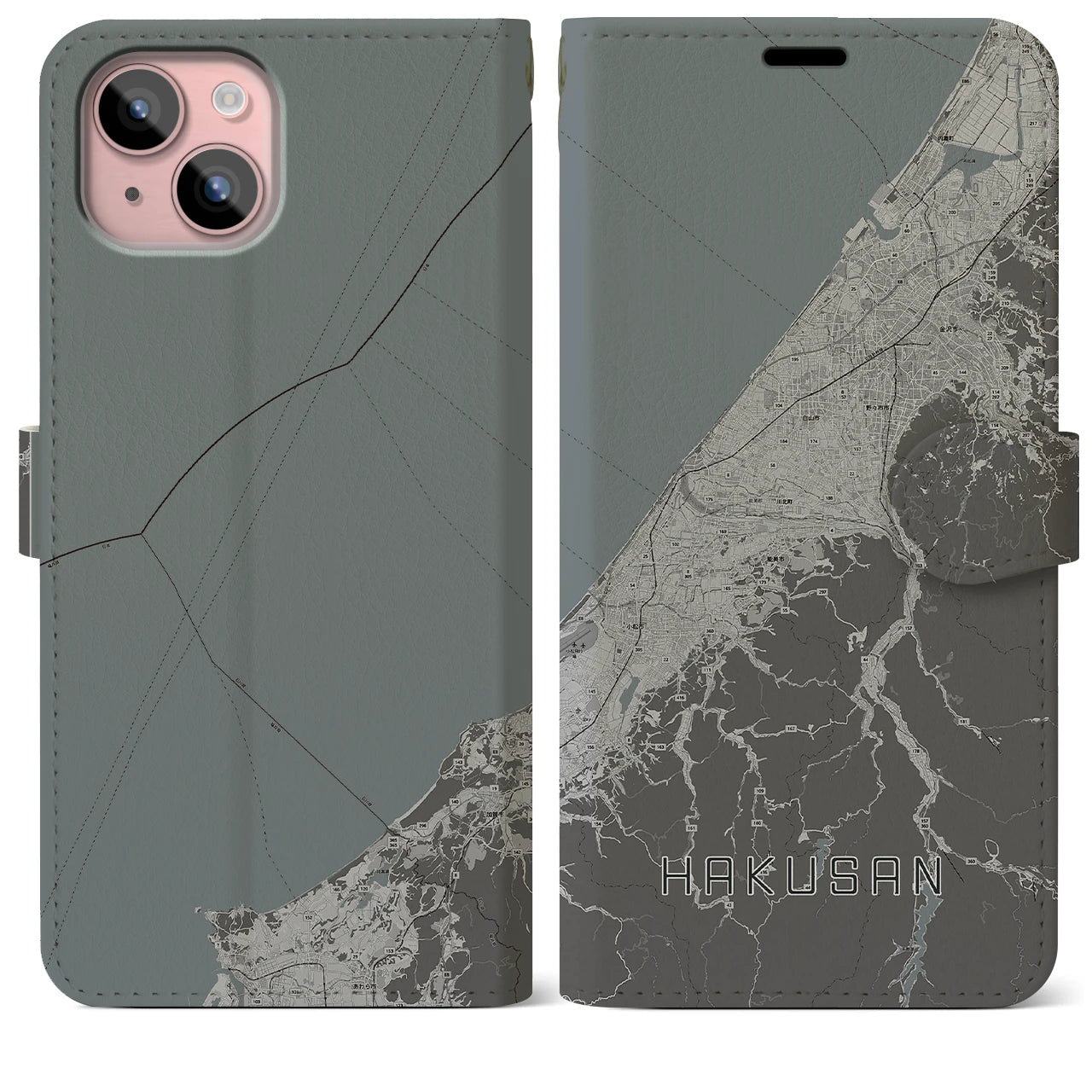 【白山(石川県)】地図柄iPhoneケース(手帳タイプ)モノトーン・iPhone 15 Plus 用