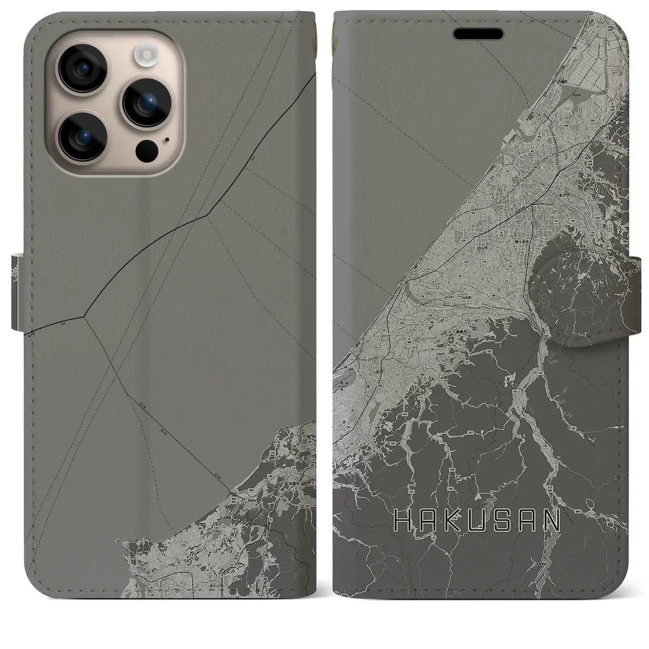 【白山(石川県)】地図柄iPhoneケース(手帳タイプ)モノトーン・iPhone 16 Plus 用