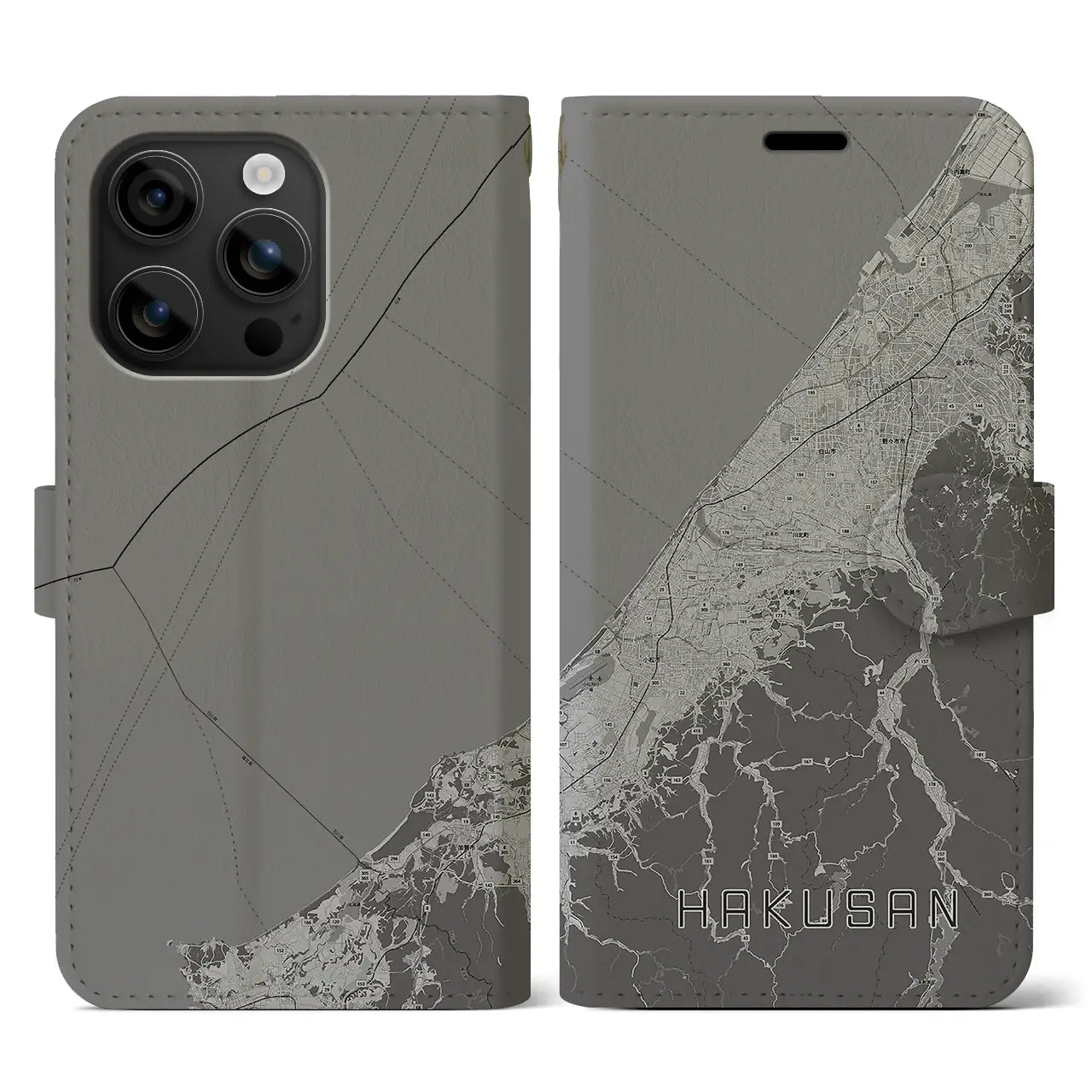 【白山(石川県)】地図柄iPhoneケース(手帳タイプ)モノトーン・iPhone 16 用