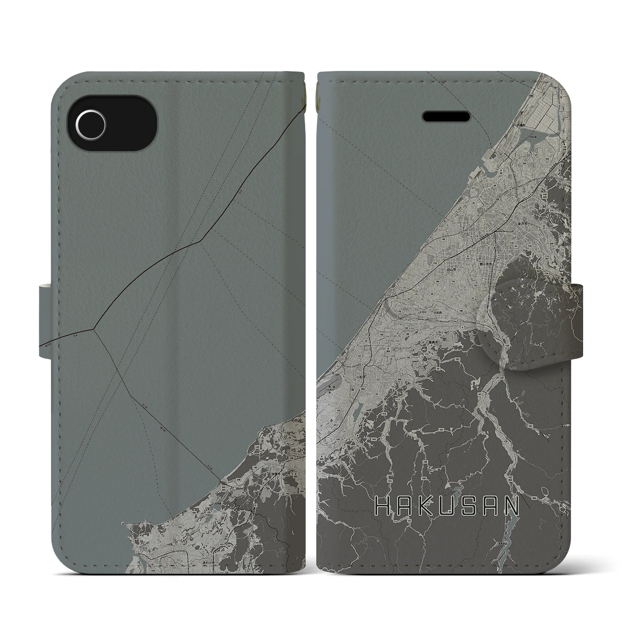 【白山(石川県)】地図柄iPhoneケース(手帳タイプ)モノトーン・iPhone SE(第3 / 第2世代) / 8 / 7 / 6s / 6 用