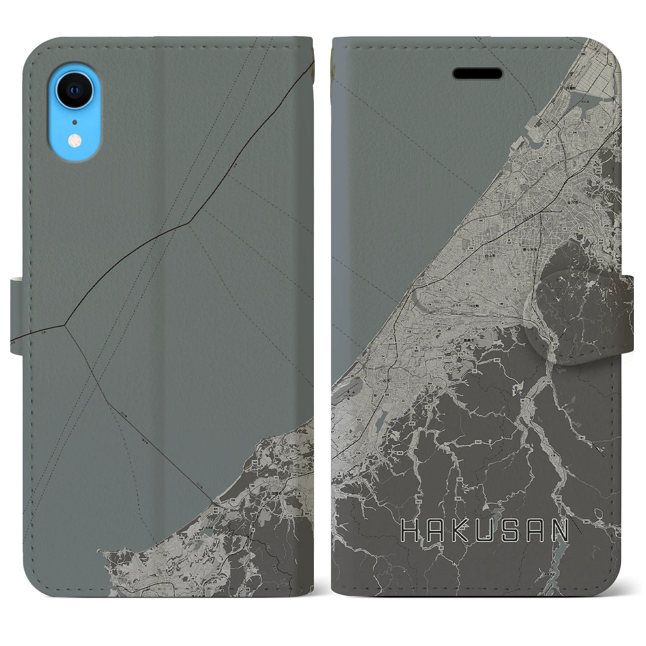 【白山(石川県)】地図柄iPhoneケース(手帳タイプ)モノトーン・iPhone XR 用