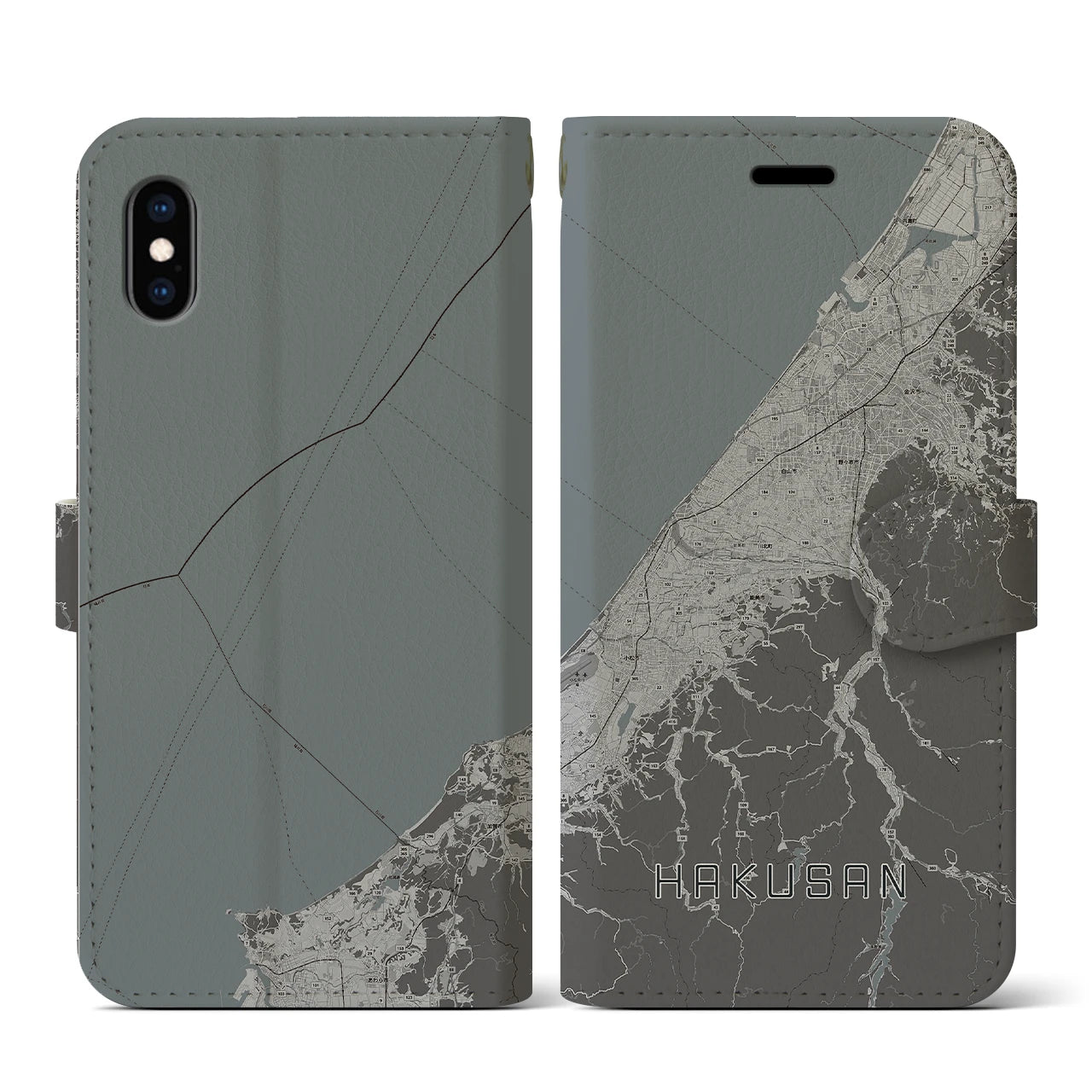 【白山(石川県)】地図柄iPhoneケース(手帳タイプ)モノトーン・iPhone XS / X 用