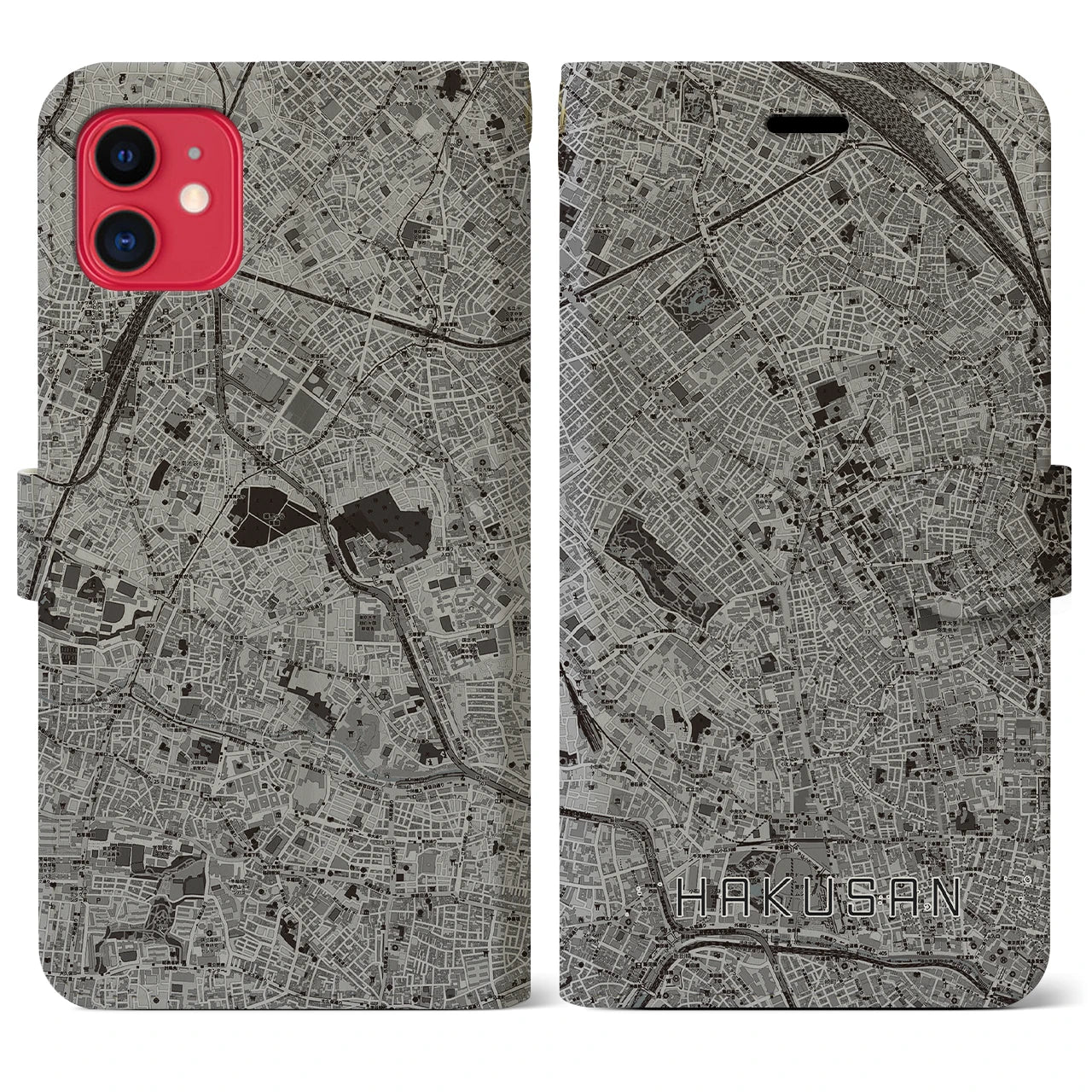 【白山(東京都)】地図柄iPhoneケース(手帳タイプ)モノトーン・iPhone 11 用
