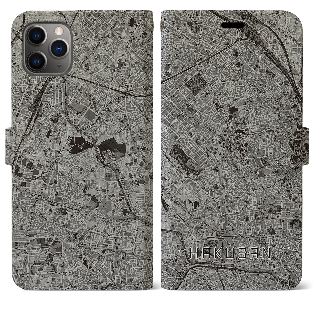 【白山(東京都)】地図柄iPhoneケース(手帳タイプ)モノトーン・iPhone 11 Pro Max 用