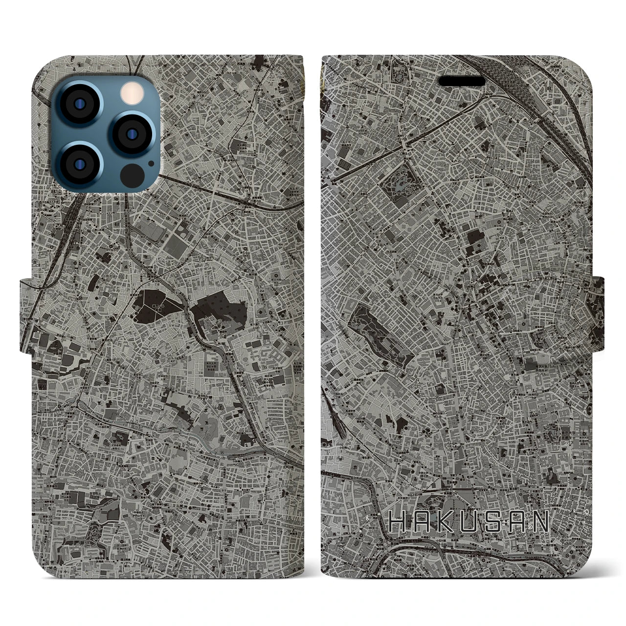 【白山(東京都)】地図柄iPhoneケース(手帳タイプ)モノトーン・iPhone 12 / 12 Pro 用