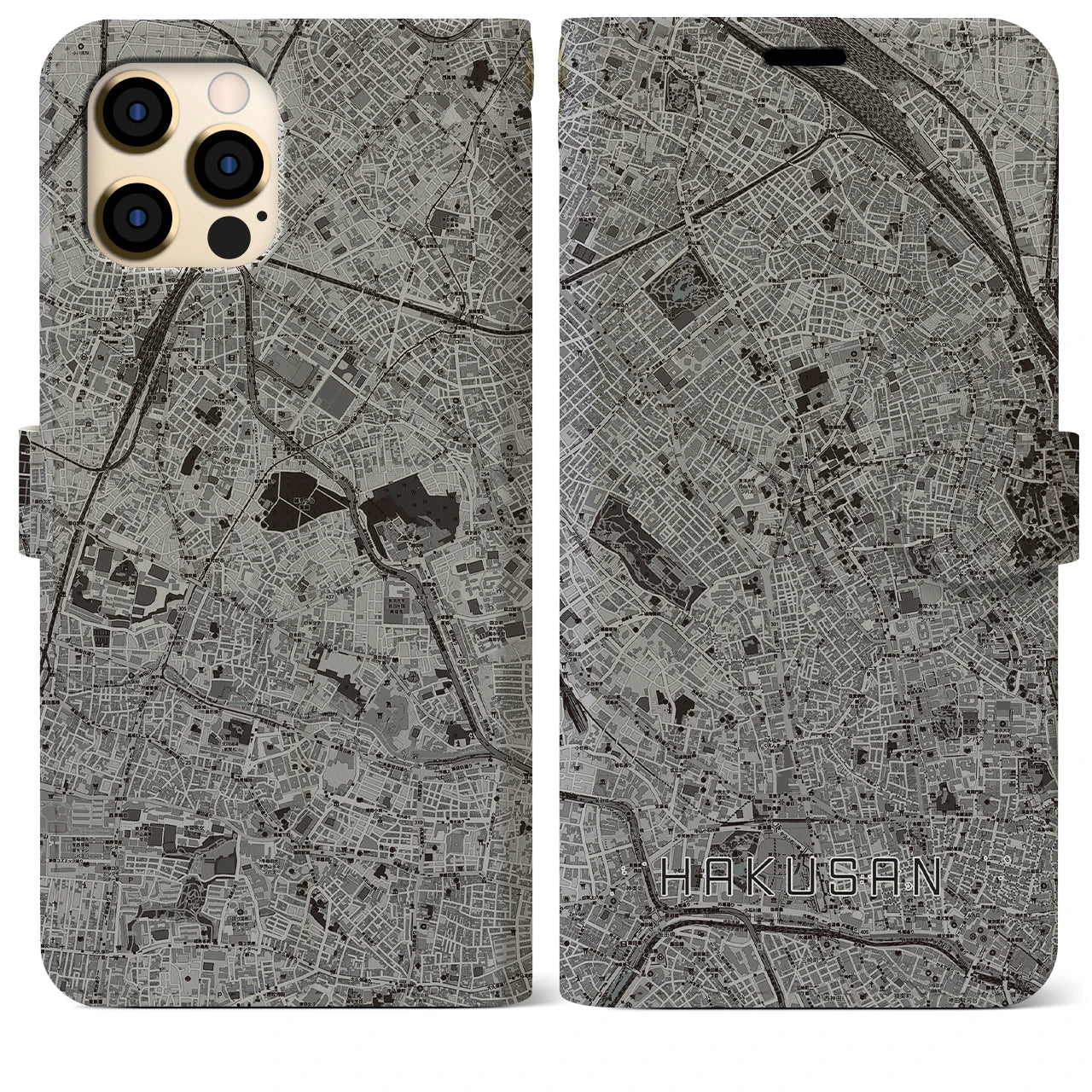 【白山(東京都)】地図柄iPhoneケース(手帳タイプ)モノトーン・iPhone 12 Pro Max 用