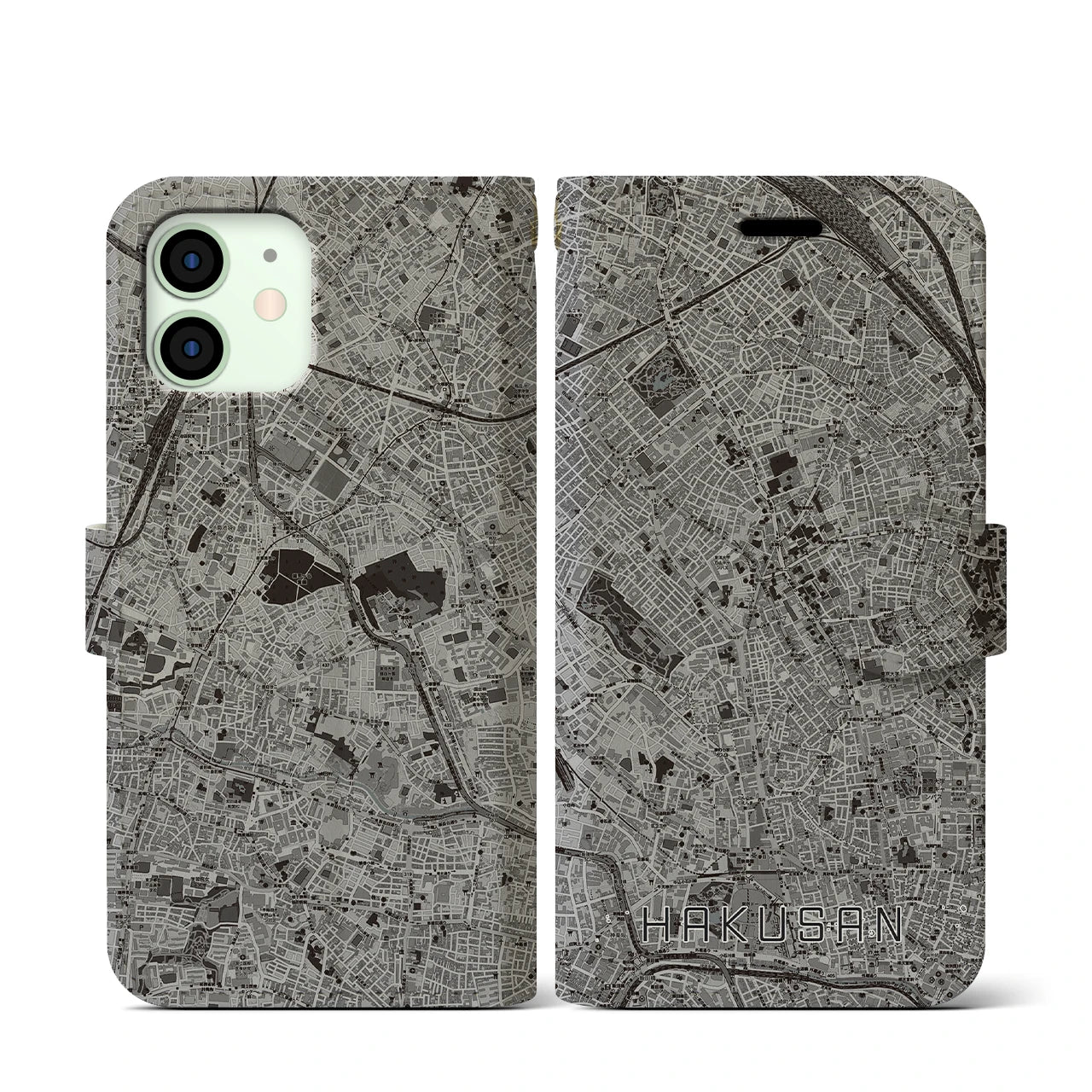 【白山(東京都)】地図柄iPhoneケース(手帳タイプ)モノトーン・iPhone 12 mini 用
