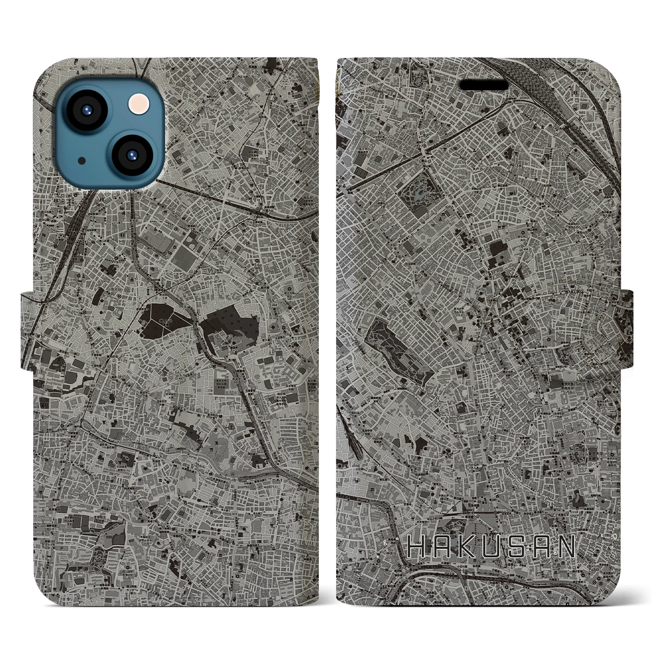 【白山(東京都)】地図柄iPhoneケース(手帳タイプ)モノトーン・iPhone 13 用
