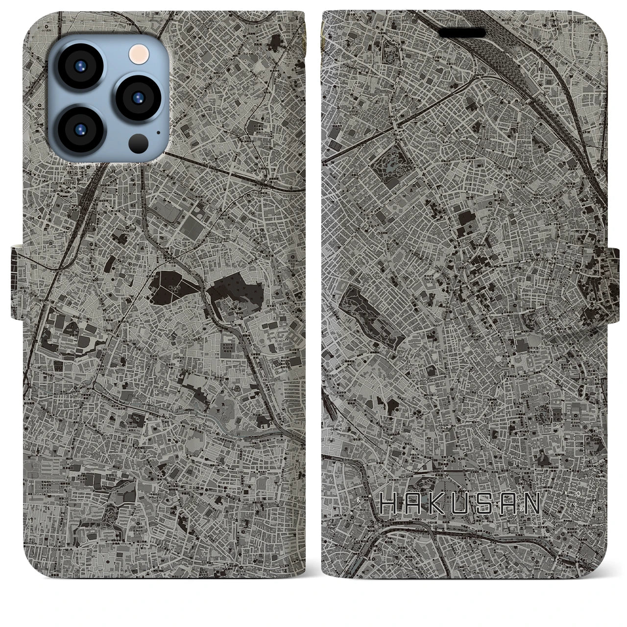 【白山(東京都)】地図柄iPhoneケース(手帳タイプ)モノトーン・iPhone 13 Pro Max 用