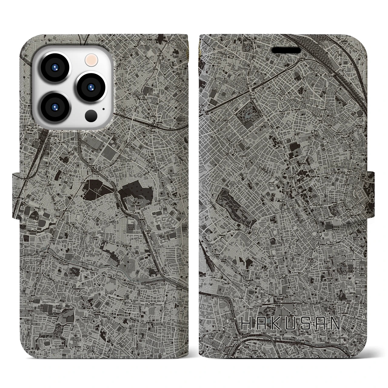 【白山(東京都)】地図柄iPhoneケース(手帳タイプ)モノトーン・iPhone 13 Pro 用